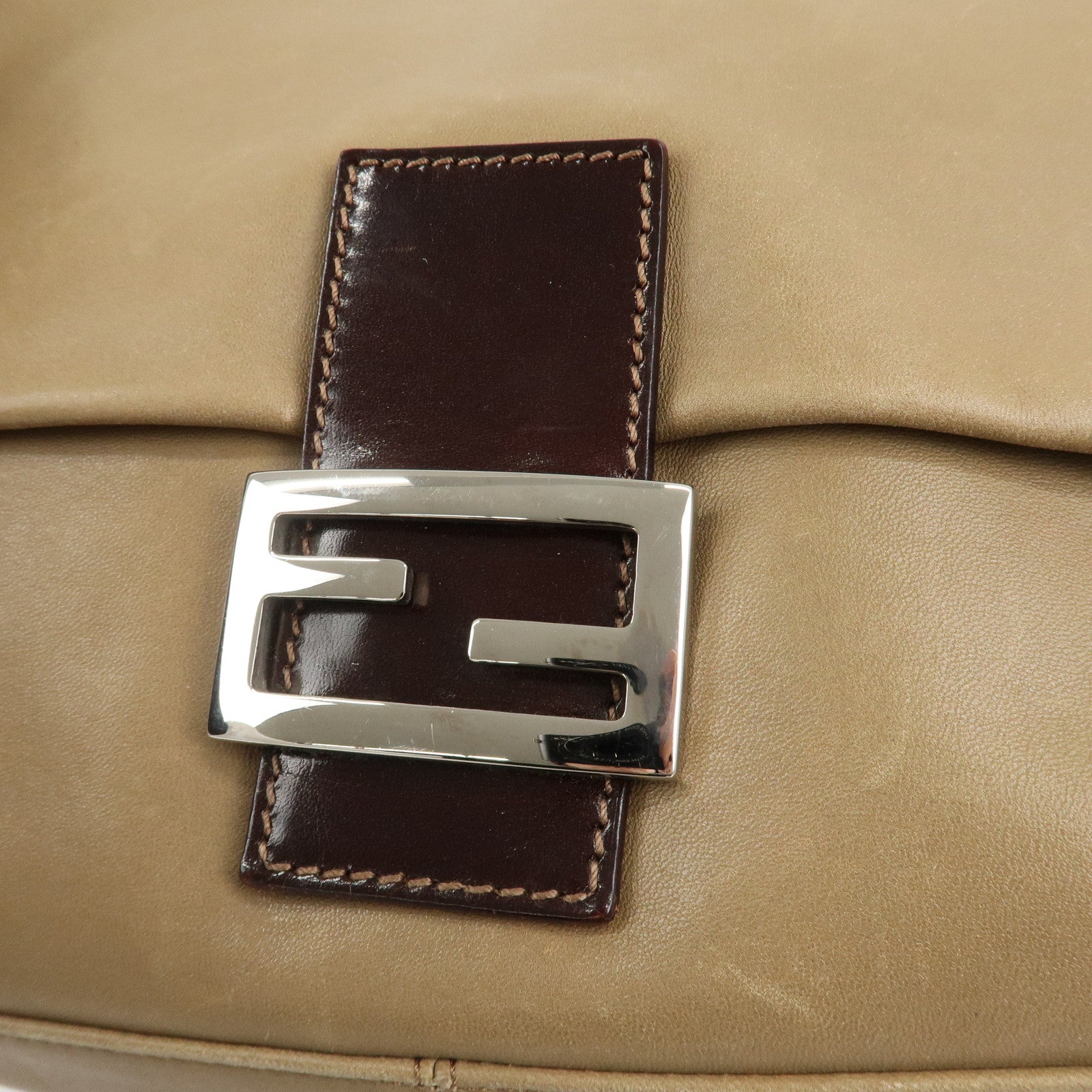 FENDI Mamma Baguette Leather Shoulder Bag Hand Bag Beige Used