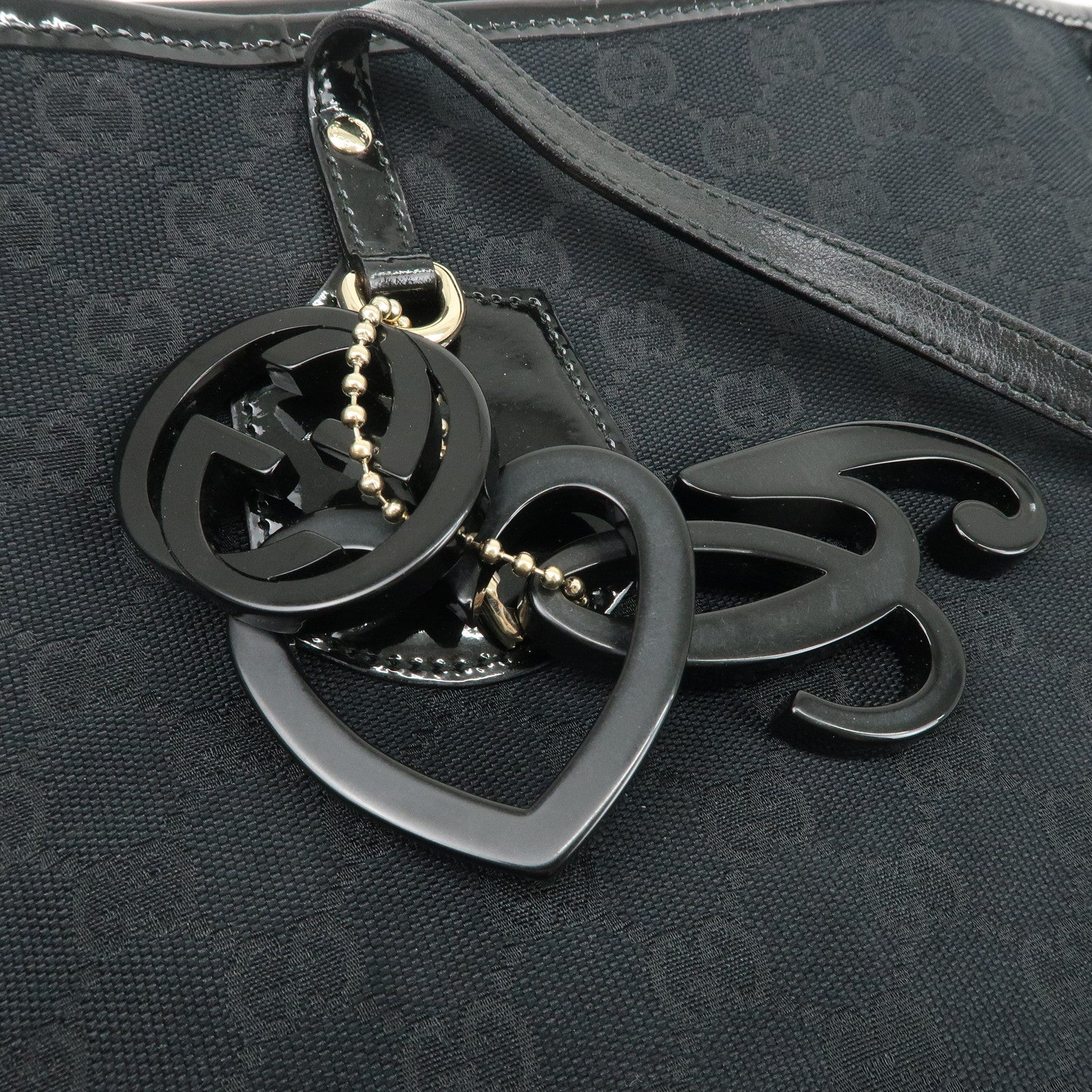 GUCCI GG Canvas Patent Leather Tote Bag Hand Bag Black 211976 Used