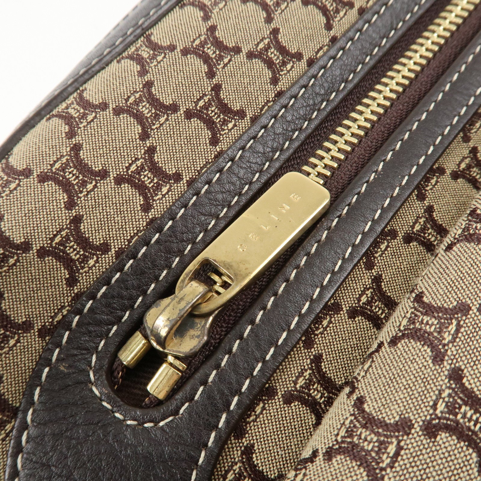 CELINE Macadam Canvas Leather Shoulder Crossbody Bag Beige Brown Used