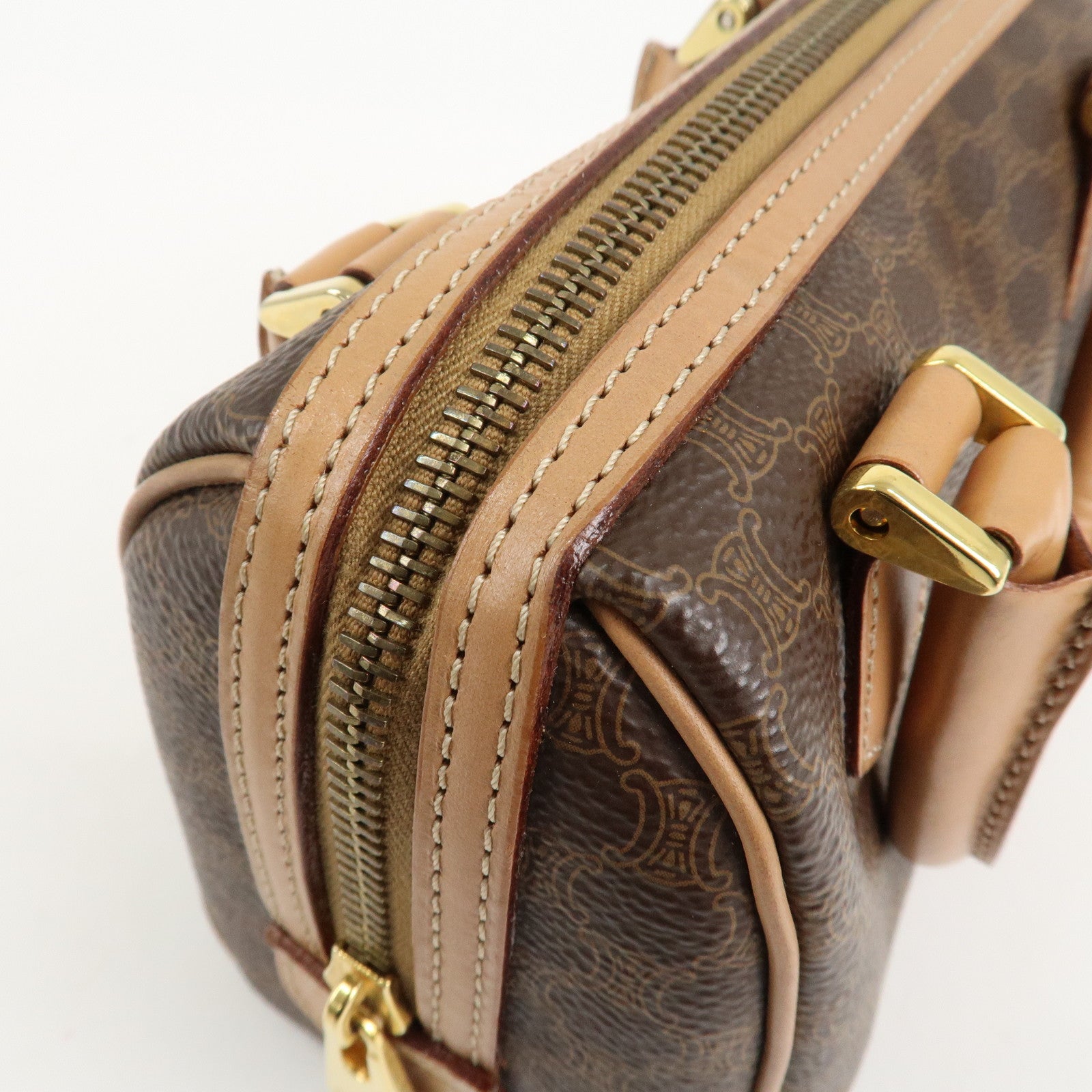 CELINE Macadam PVC Leather 2 Way Boston Bag Hand Bag Brown Used