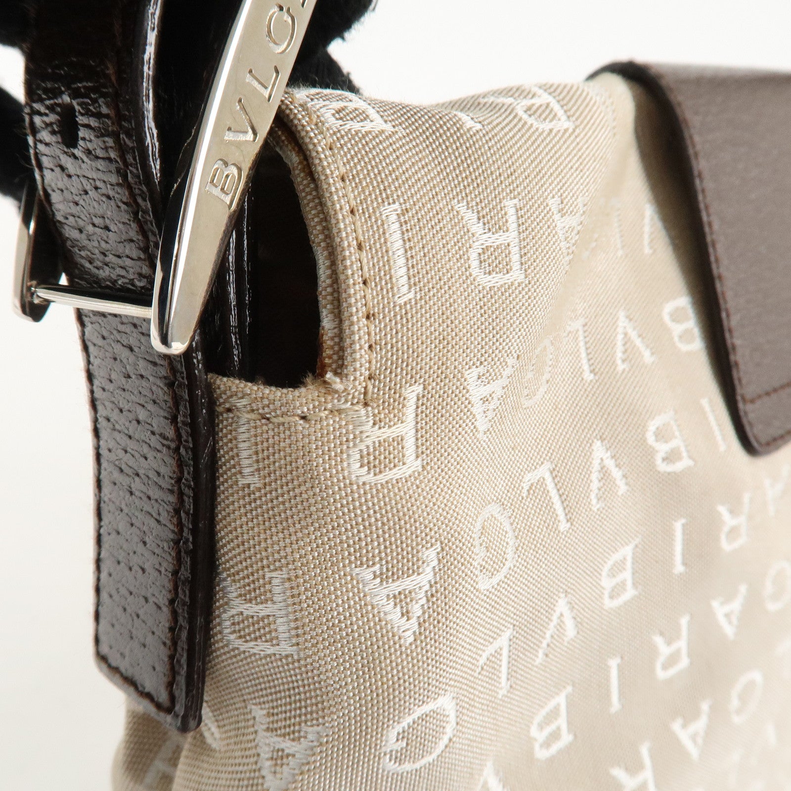 BVLGARI Logo Mania Canvas Leather Hand Bag Shoulder Bag Beige Used