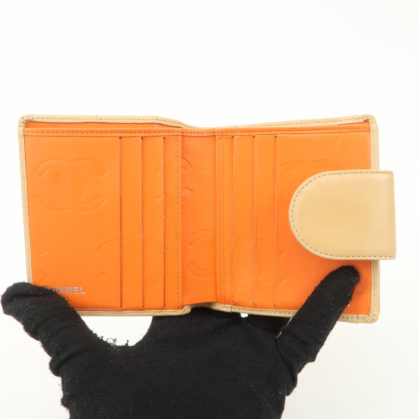 CHANEL Cambon Line Patent Leather Bi-fold Wallet Beige A26720 Used