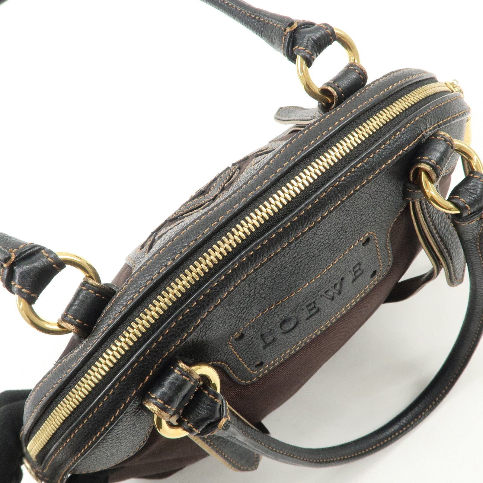 LOEWE Anagram Canvas Leather Hand Bag 340807 Brown Black Used