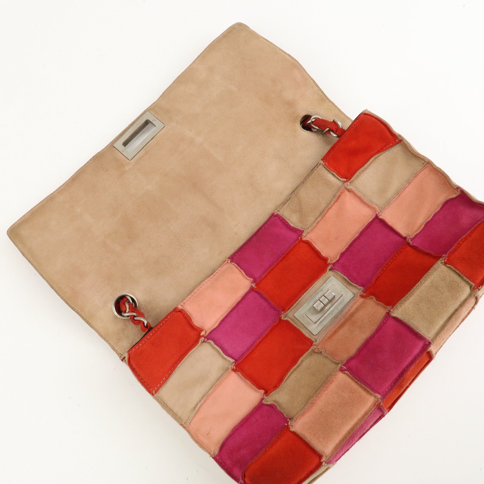 CHANEL Suede Patchwork Shoulder Bag Pink Beige Red Used