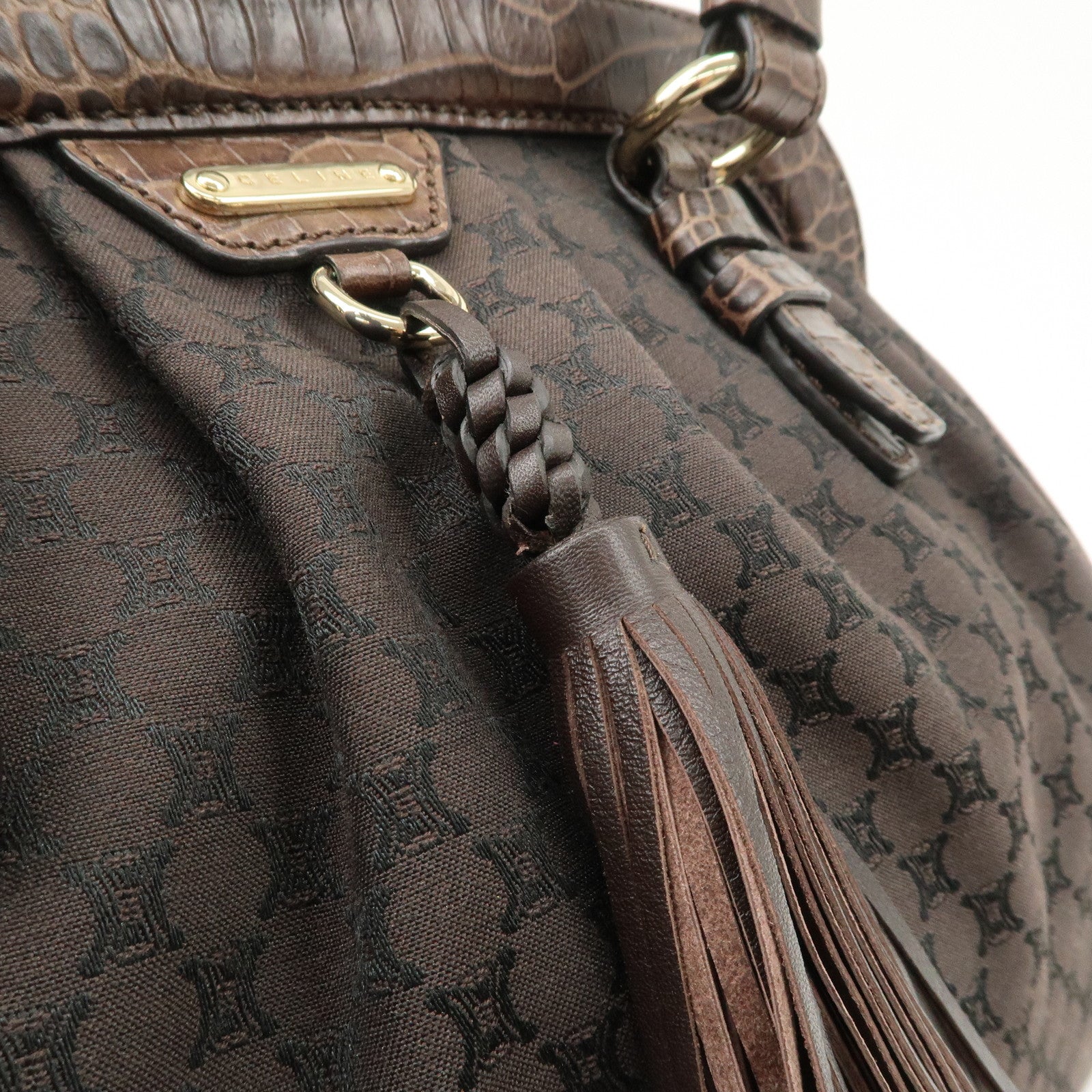 CELINE Macadam Canvas Leather Shoulder Bag Fringe Brown Used