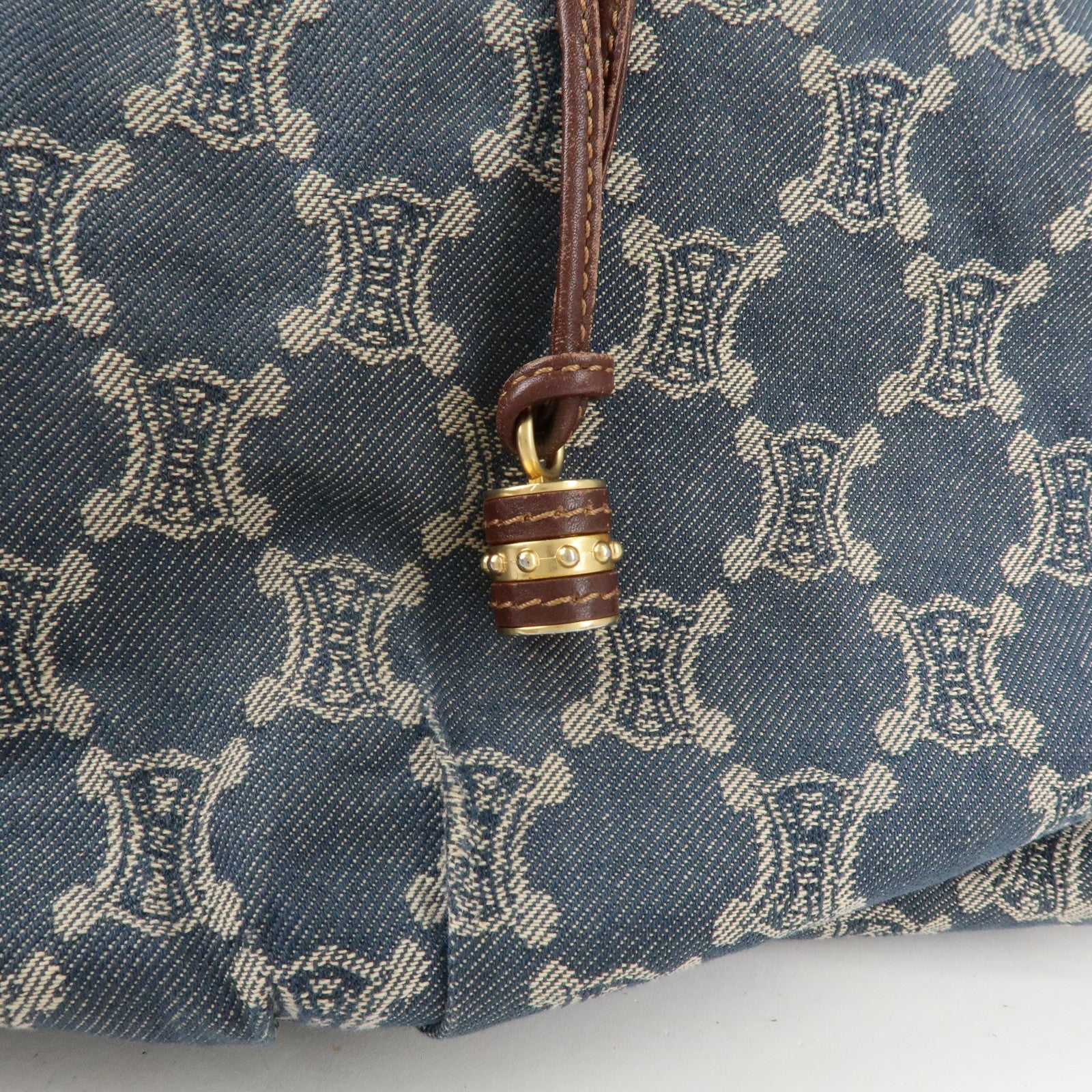 CELINE Macadam Denim Leather Bittersweet Shoudler Bag Navy Brown Used