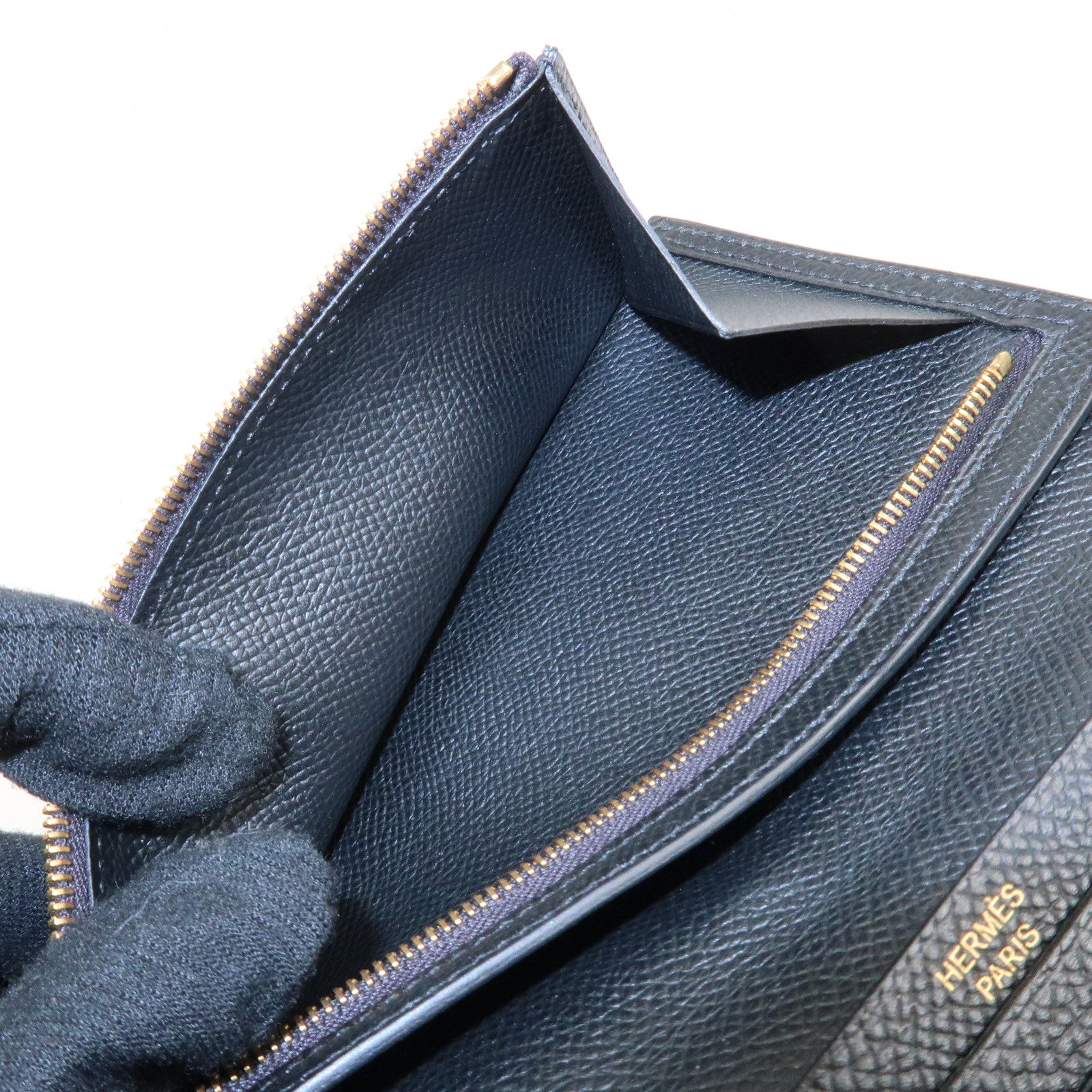 HERMES Leather Bearn Long Wallet M Stamped (around 2009) Black Used