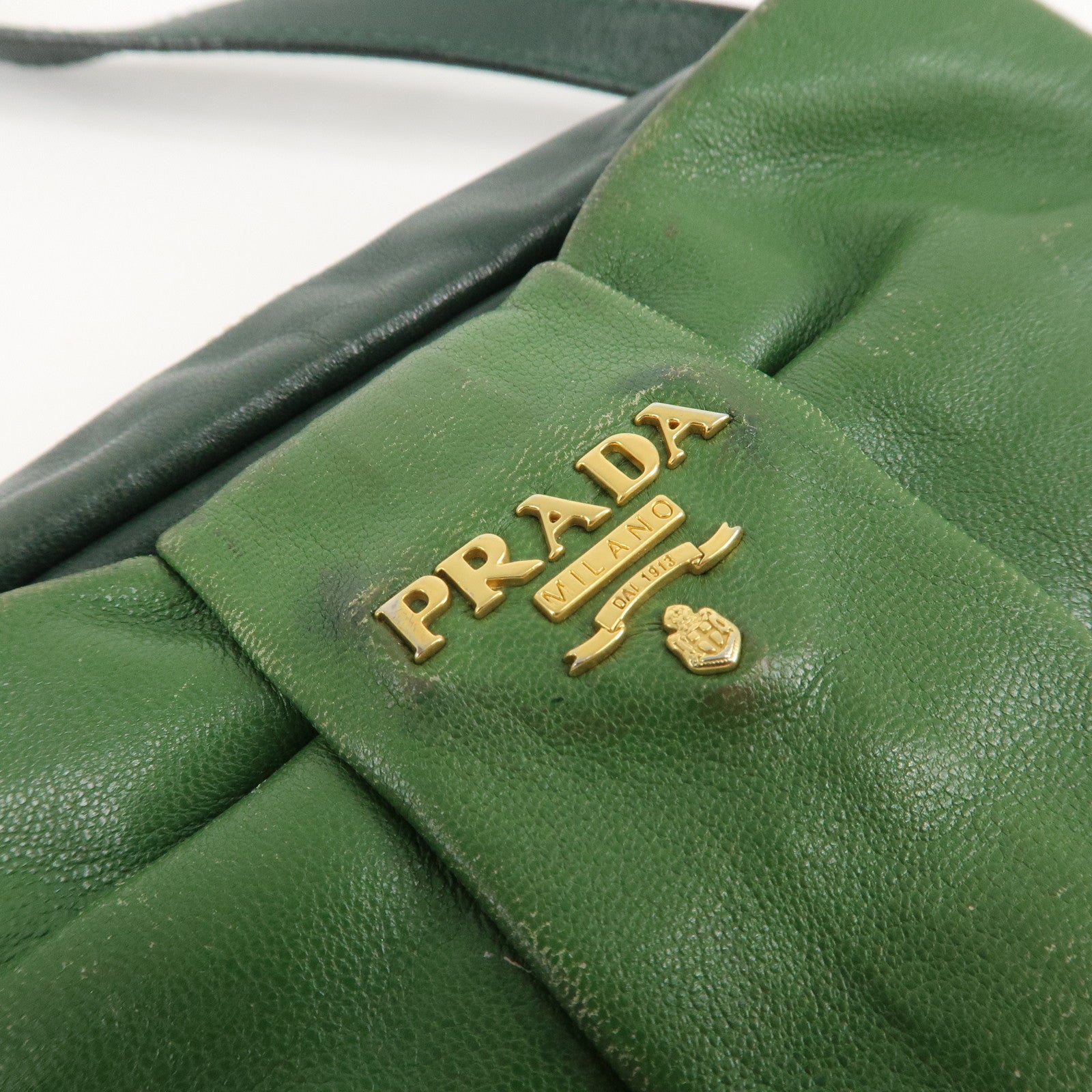 PRADA Logo Leather Ribbon Shoulder Bag Green BP0166 Used