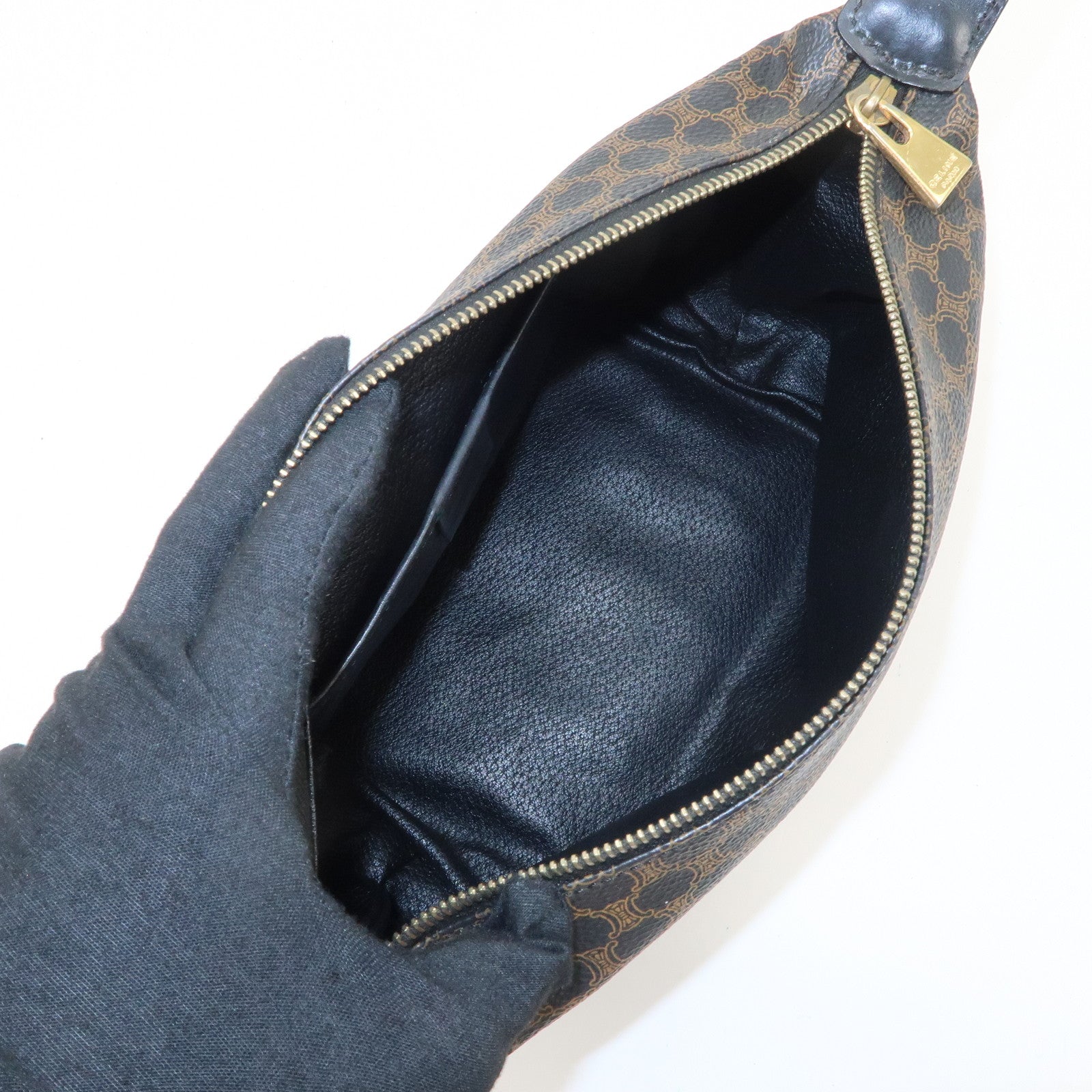 CELINE Macadam PVC Leather Hand Bag Black Brown Used