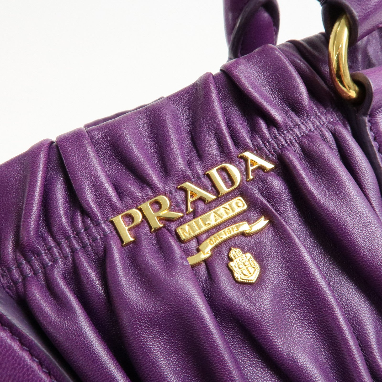 PRADA Leather Gathered Hand Bag Purple Gold Hardware BN2394 Used