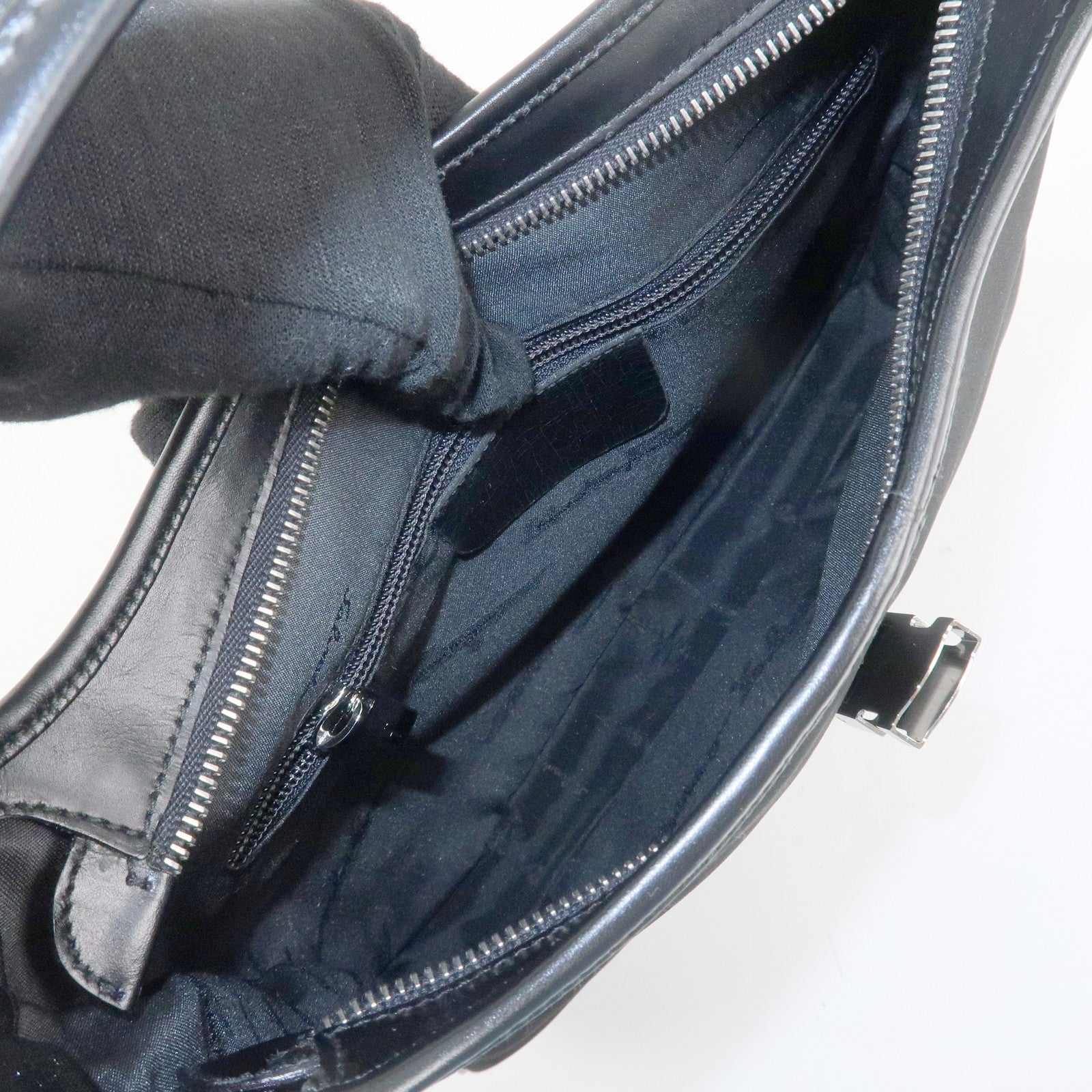 Ferragamo Nylon Leather Shoulder Bag Hand Bag Silver HDW Black Used