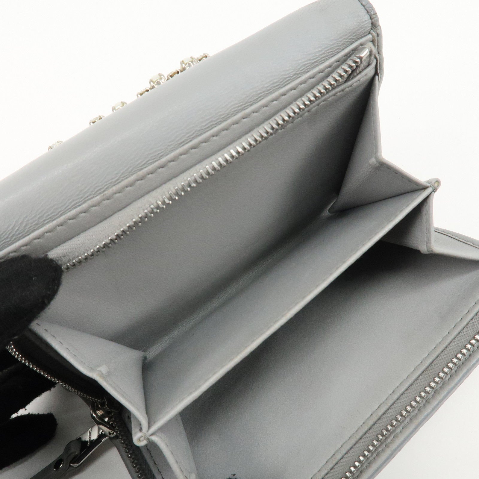 MIU MIU Matelasse Leather Bijoux Studs Tri-fold Wallet Gray Used