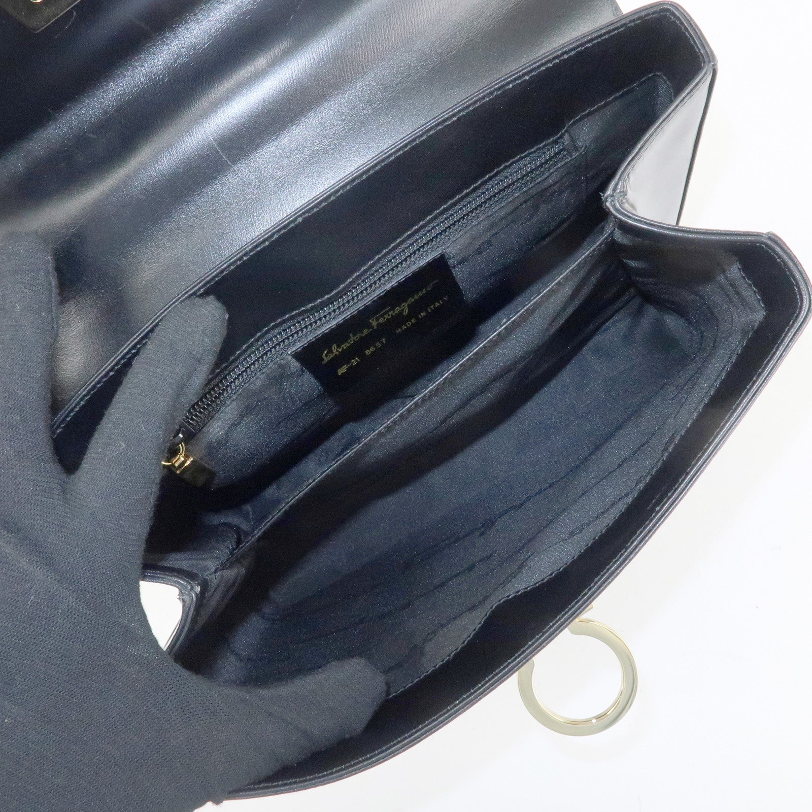 Ferragamo Leather Gancini 2Way Hand Shoulder Bag Black AT210536 Used