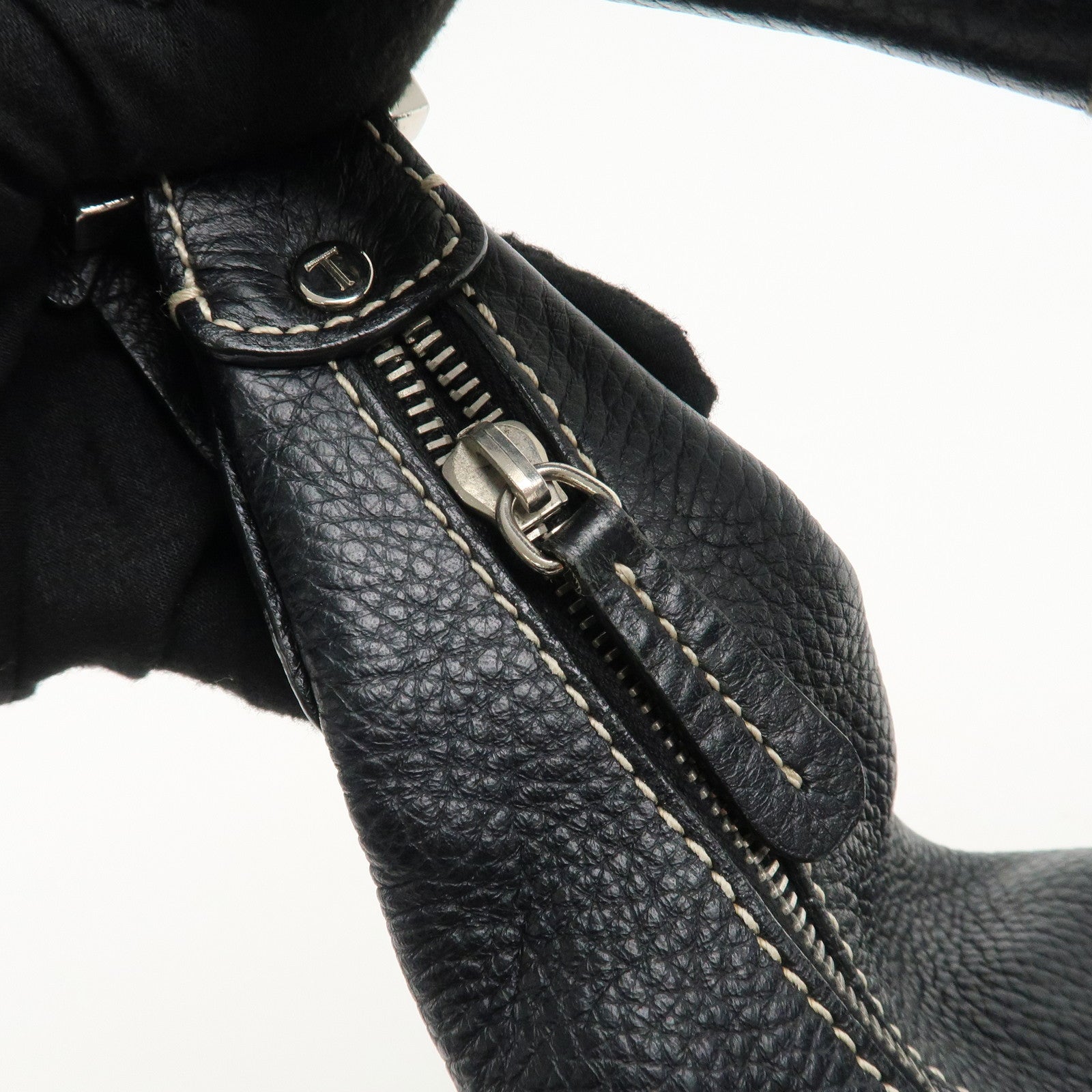 TOD'S Leather Shoulder Bag Hand Bag Black Silver Hardware Used