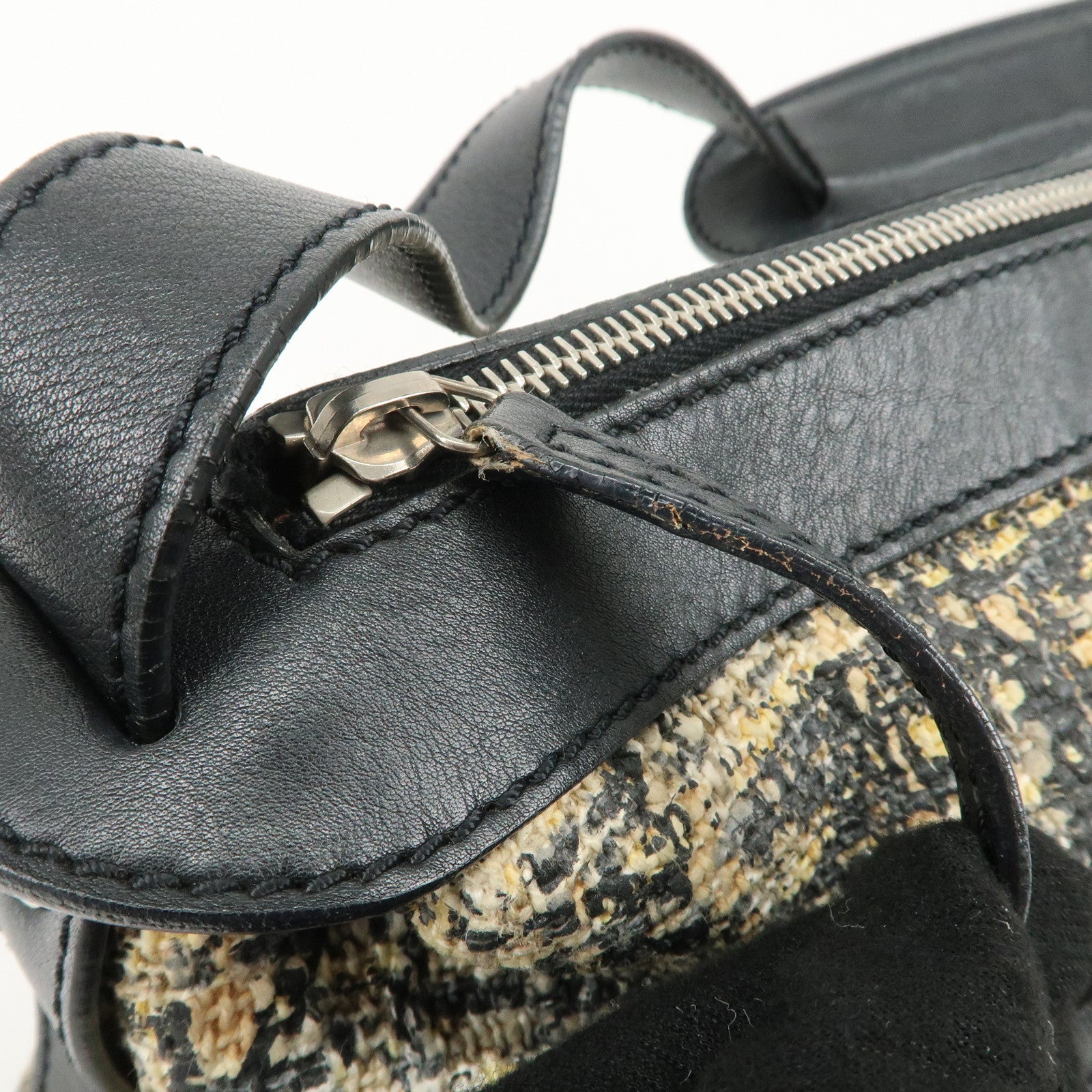 CHANEL Tweed Leather Shoulder Bag Hand Bag Black Beige Used