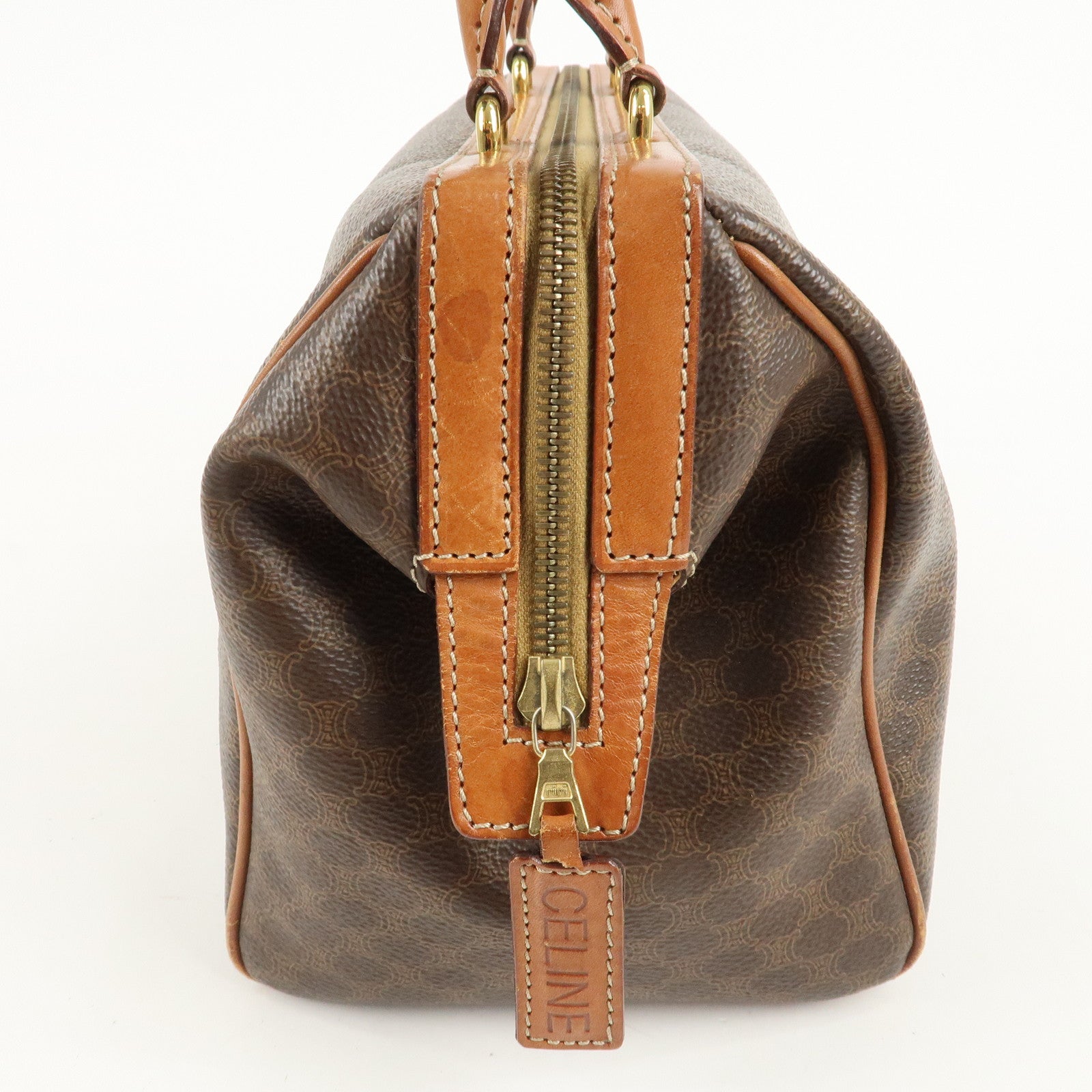 CELINE Macadam PVC Leather Boston Bag Hand Bag Brown Used