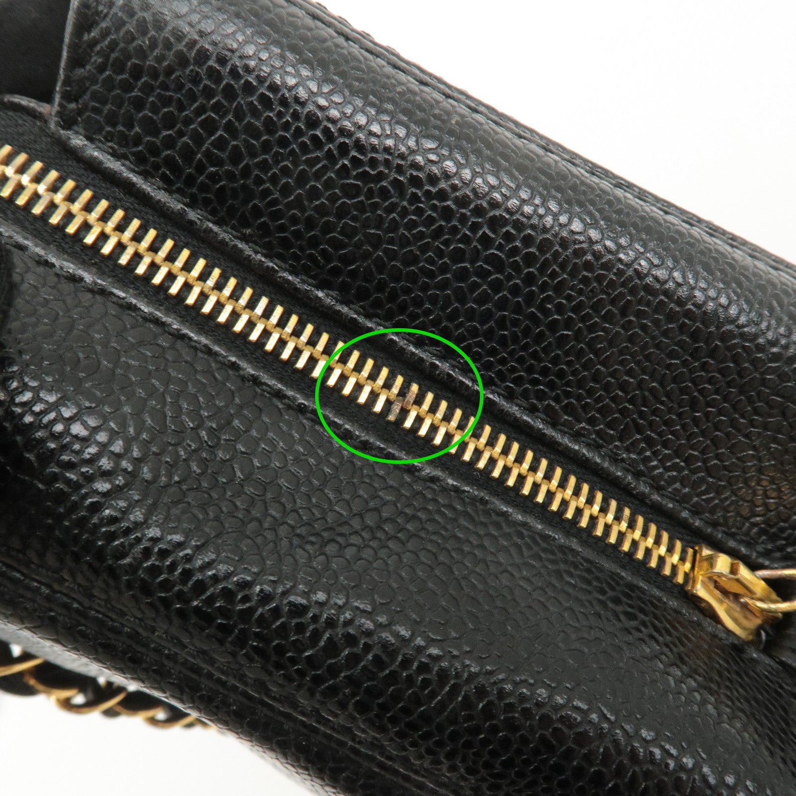 CHANEL Caviar Skin Chain Tote Bag Black Gold Used