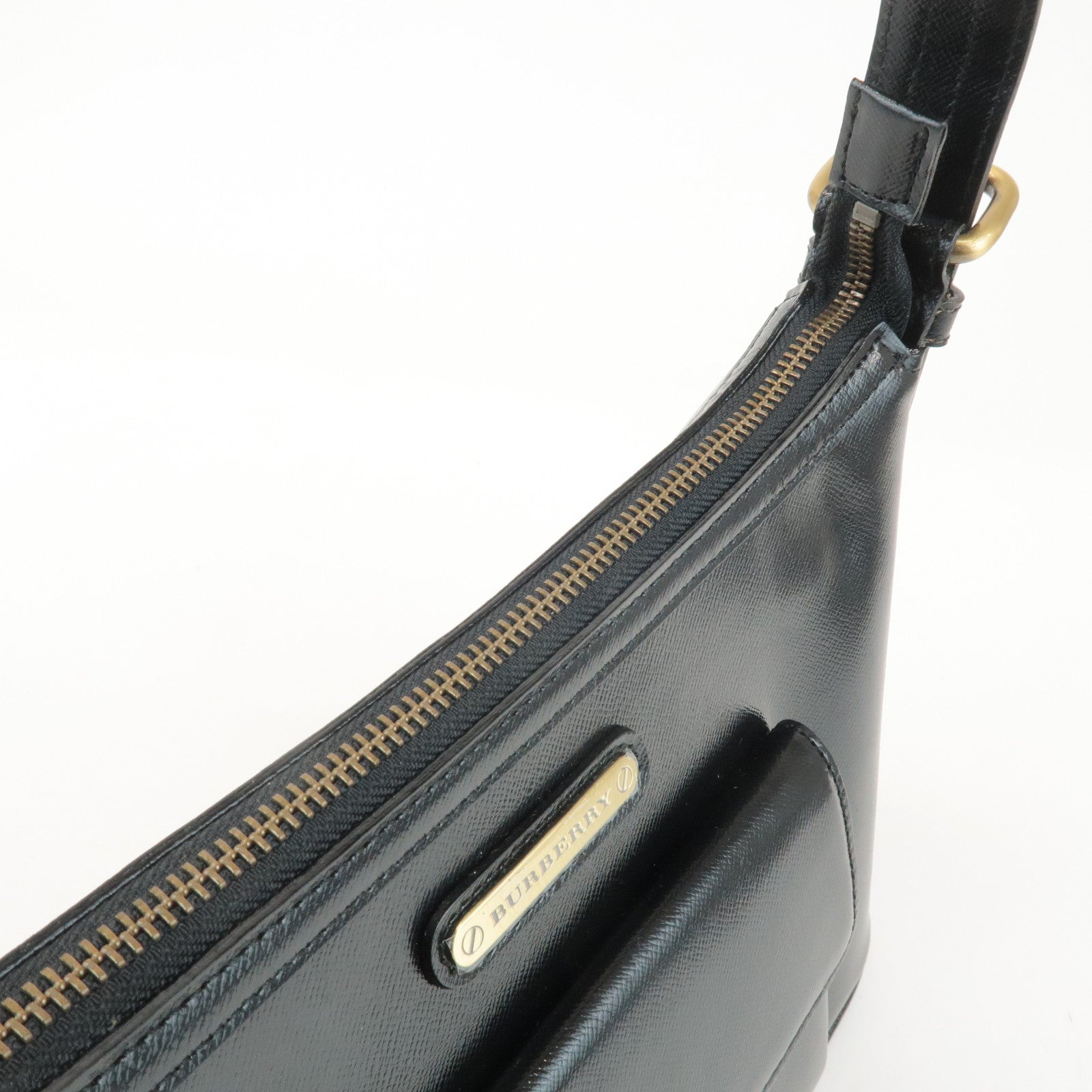 BURBERRY Leather Shoulder Bag Hand Bag Black Gold Hardware Used