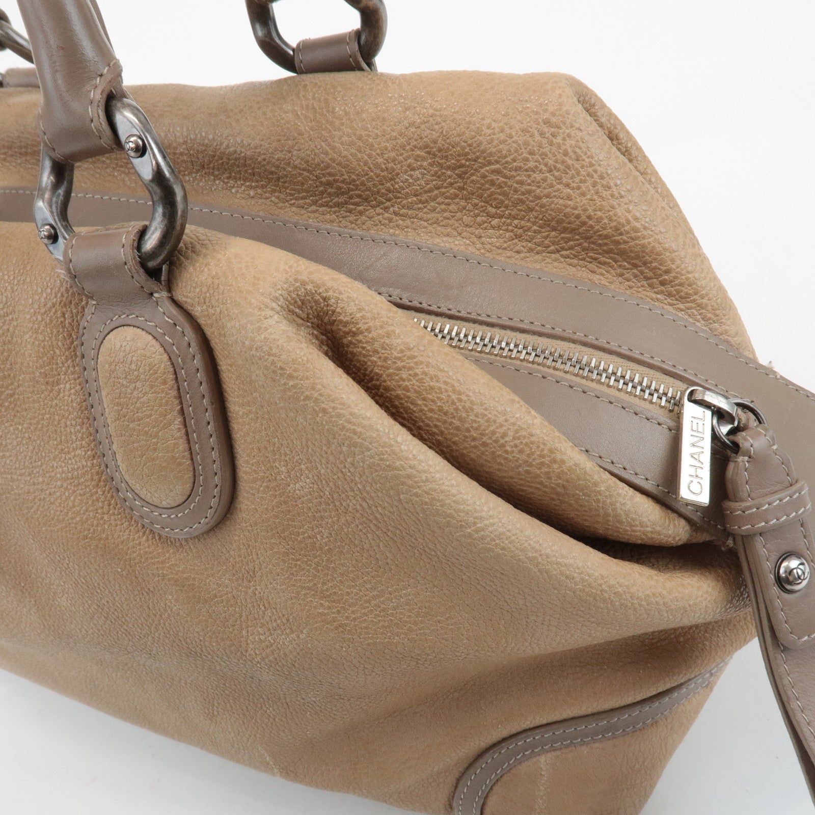 CHANEL COCO Mark Leather Boston Bag Brown Silver Hardware Used