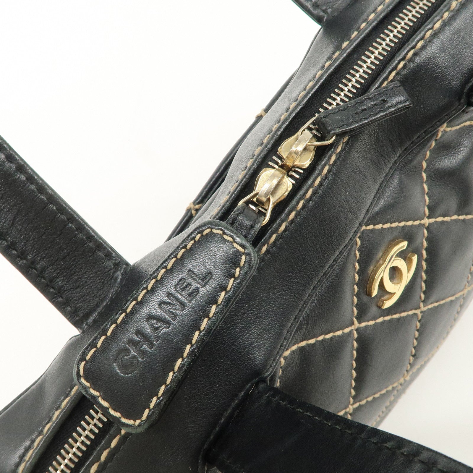 CHANEL Wild Stitch Lamb Skin COCO Mark Hand Bag Black A14692 Used