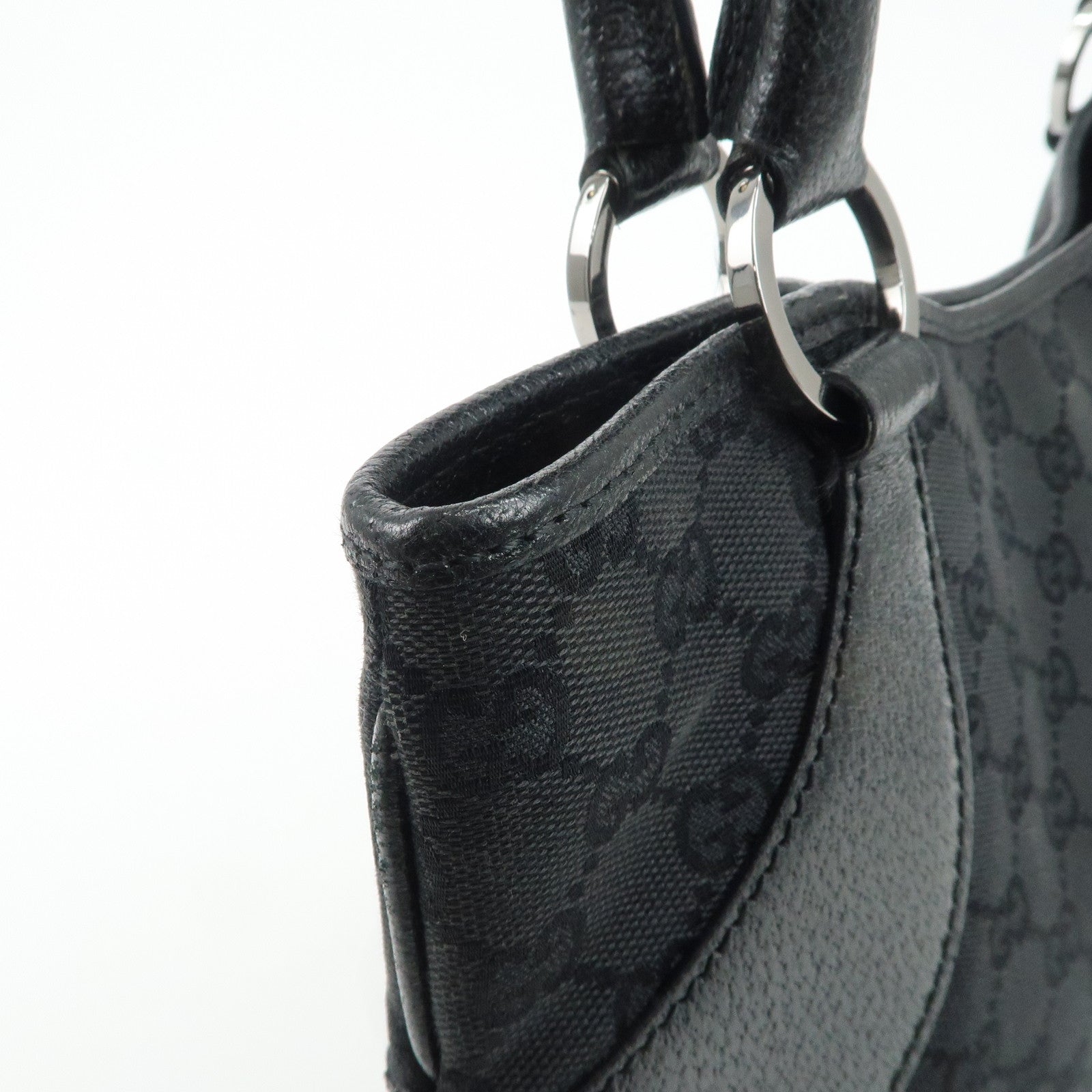 GUCCI GG Canvas Leather Tote Bag Hand Bag Black 113015 Used