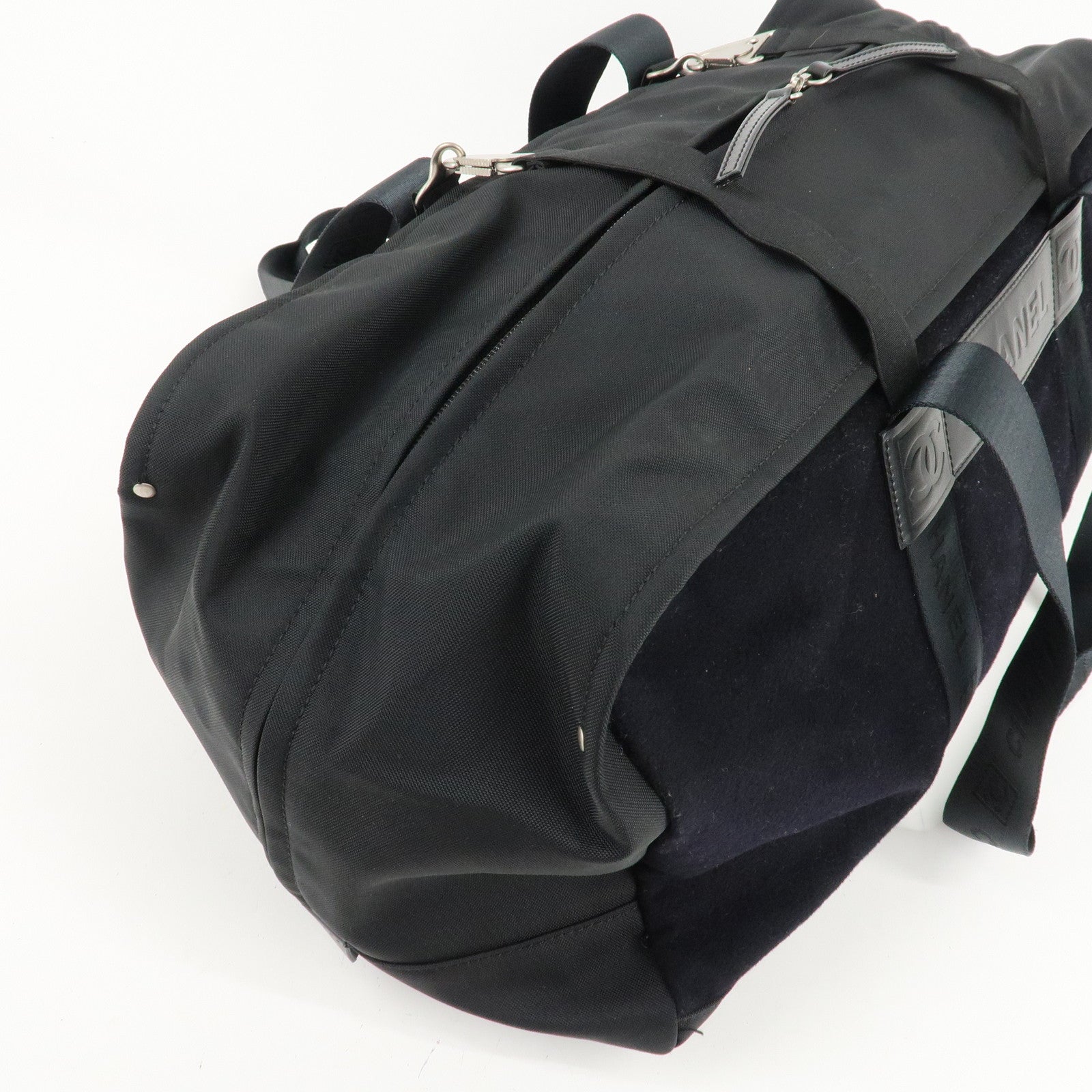 CHANEL Sports Line Felt Nylon Leather Boston Bag Black Used