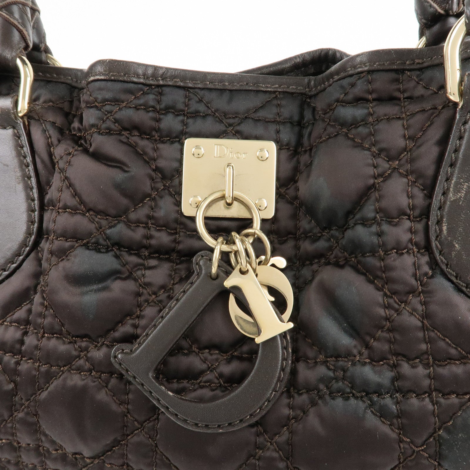 Christian Dior Cannage Nylon Leather Tote Bag Dark Brown Used