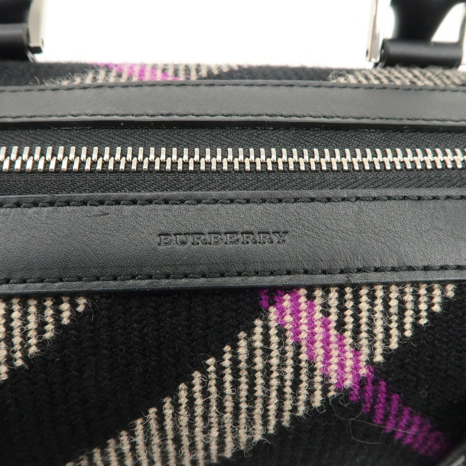 BURBERRY Wool Leather Boston Bag Hand Bag Black Beige Purple Used