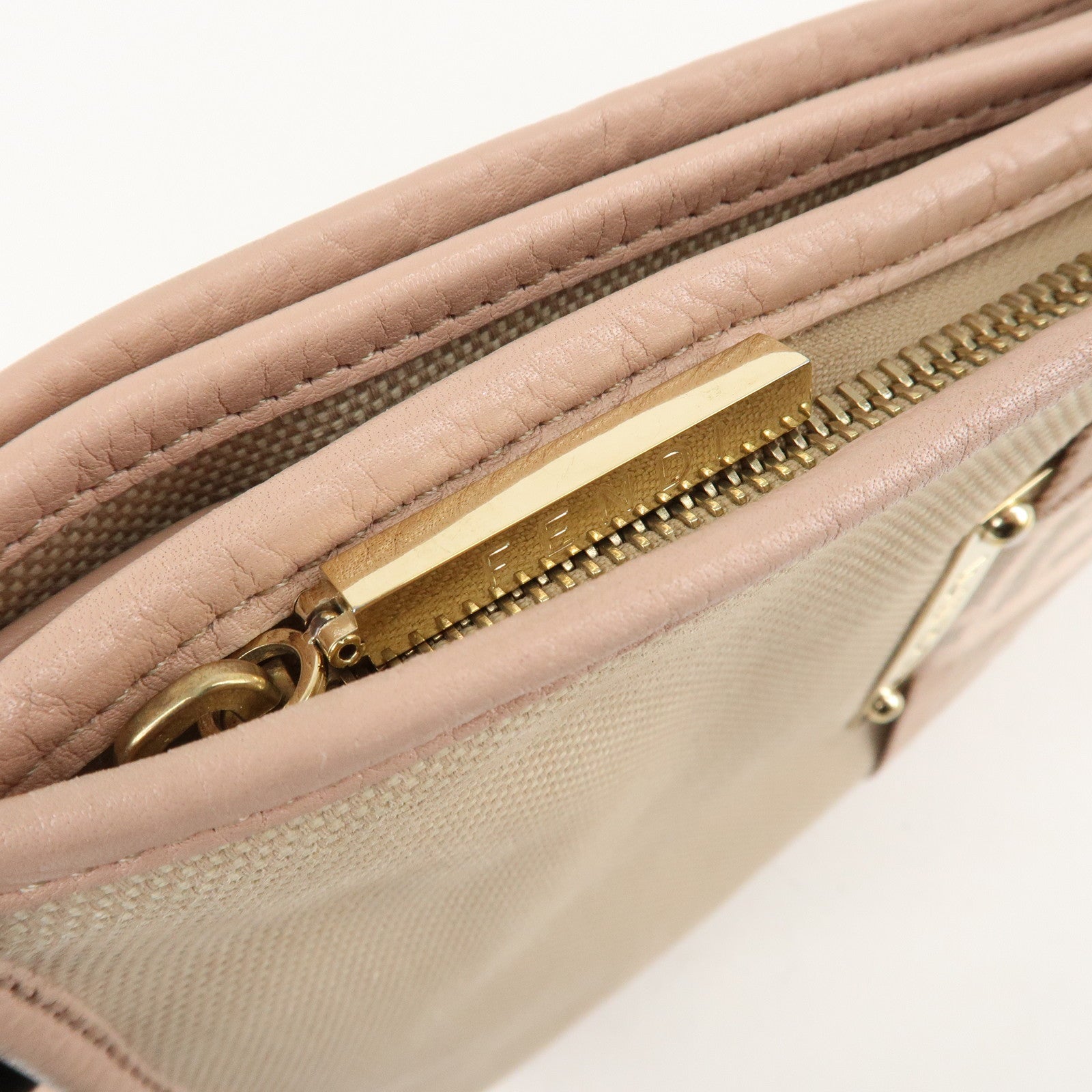 FENDI Logo Canvas Leather Shoulder Bag Beige Pink 8BT084 Used