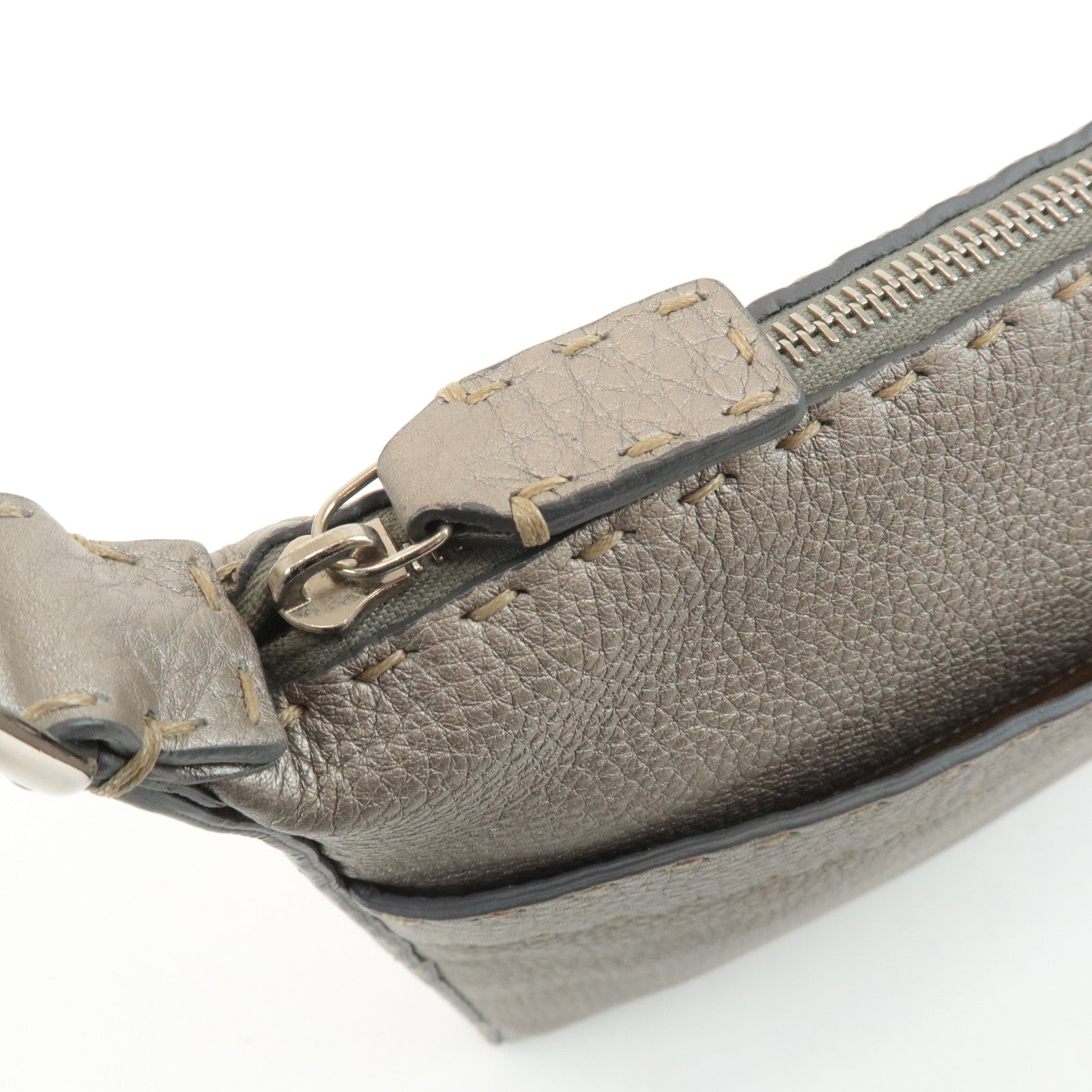 FENDI Selleria Leather Shoulder Bag Champagne Gray 8BT109 Used