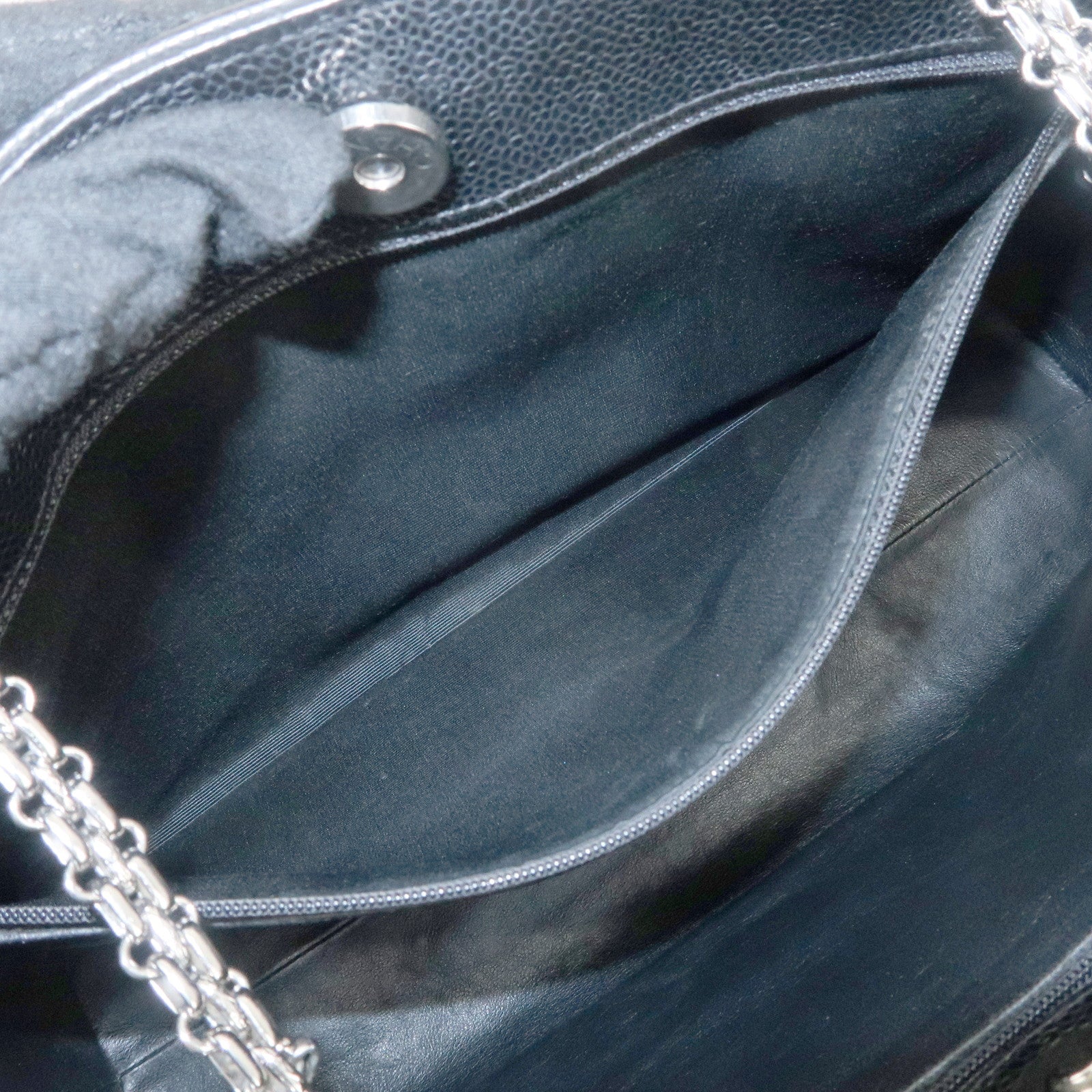 CHANEL Caviar Skin Chain Tote Bag Shoulder Black Silver HDW Used