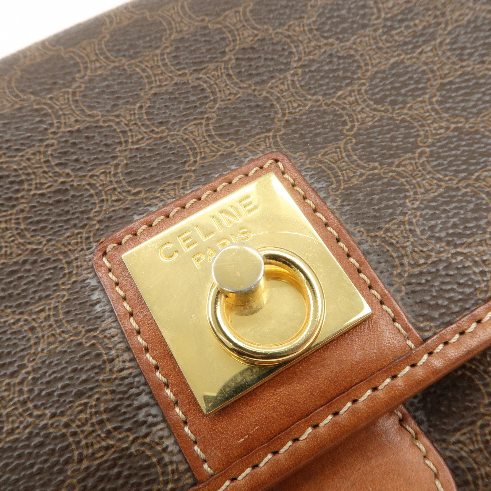 CELINE Macadam PVC Leather Shoulder Bag Brown Gold Hardware Used