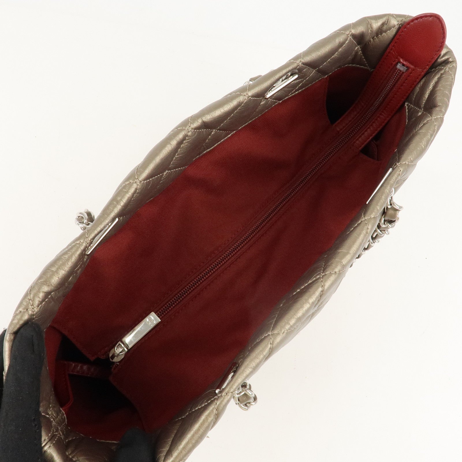 CHANEL Cambon Line Lamb Skin Cotton Club Hand Bag Bronze A34318 Used