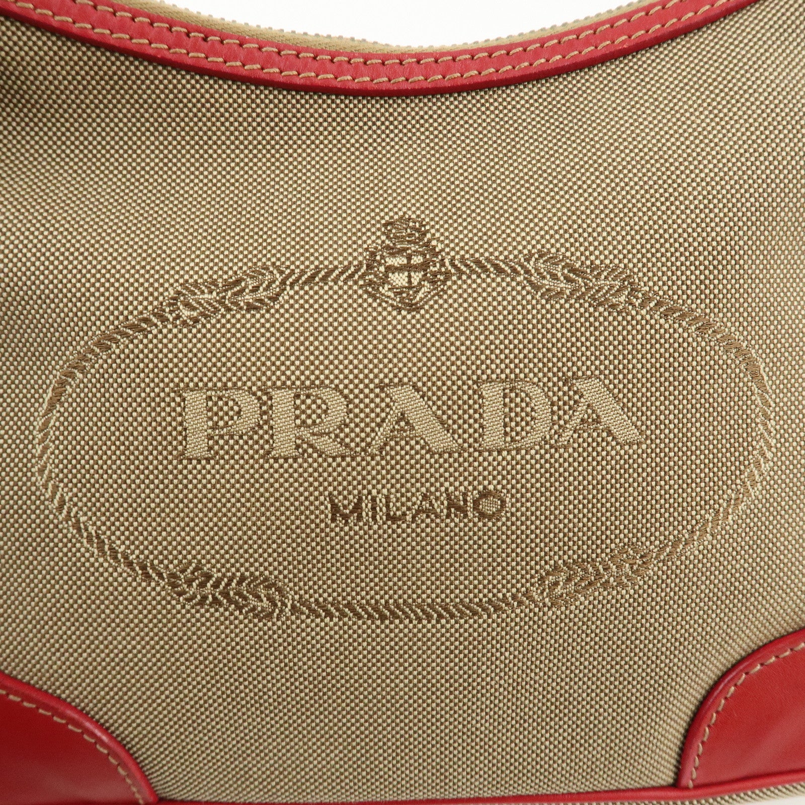 PRADA Logo Jacquard Leather Shoulder Bag Beige Red Used