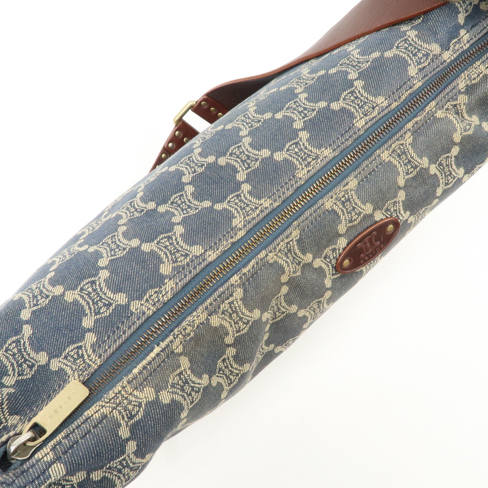 CELINE Macadam Canvas Leather Shoulder Bag Blue Brown Used