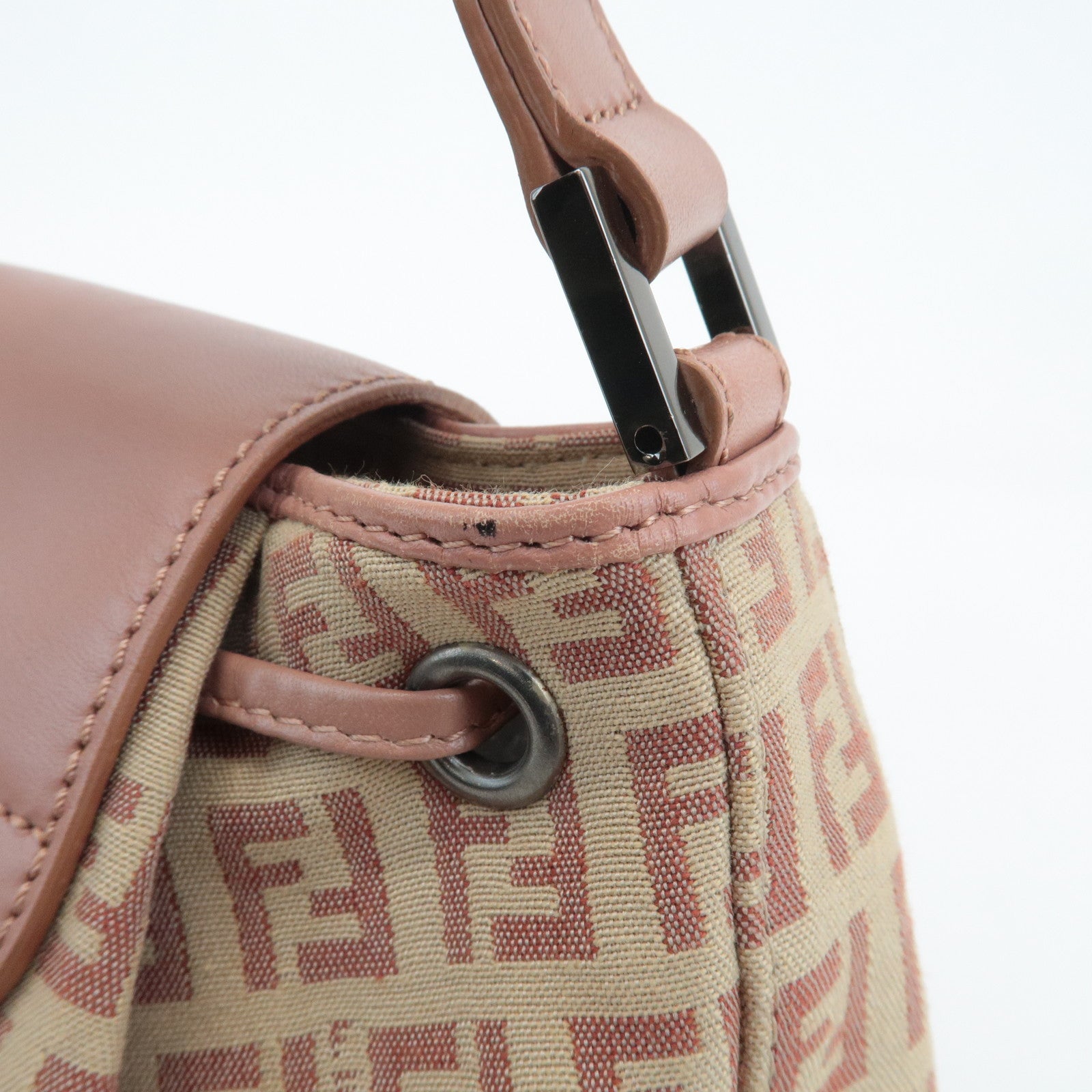 FENDI Zucchino Canvas Leather Shoulder Bag Beige Pink 8BR282 Used