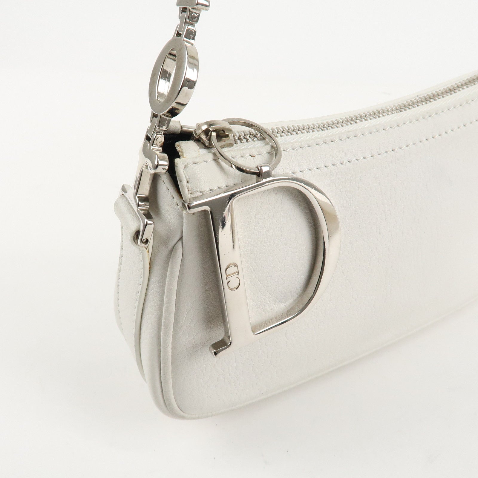 Christian Dior Canvas Leather Logo Charm Hand Bag White Used