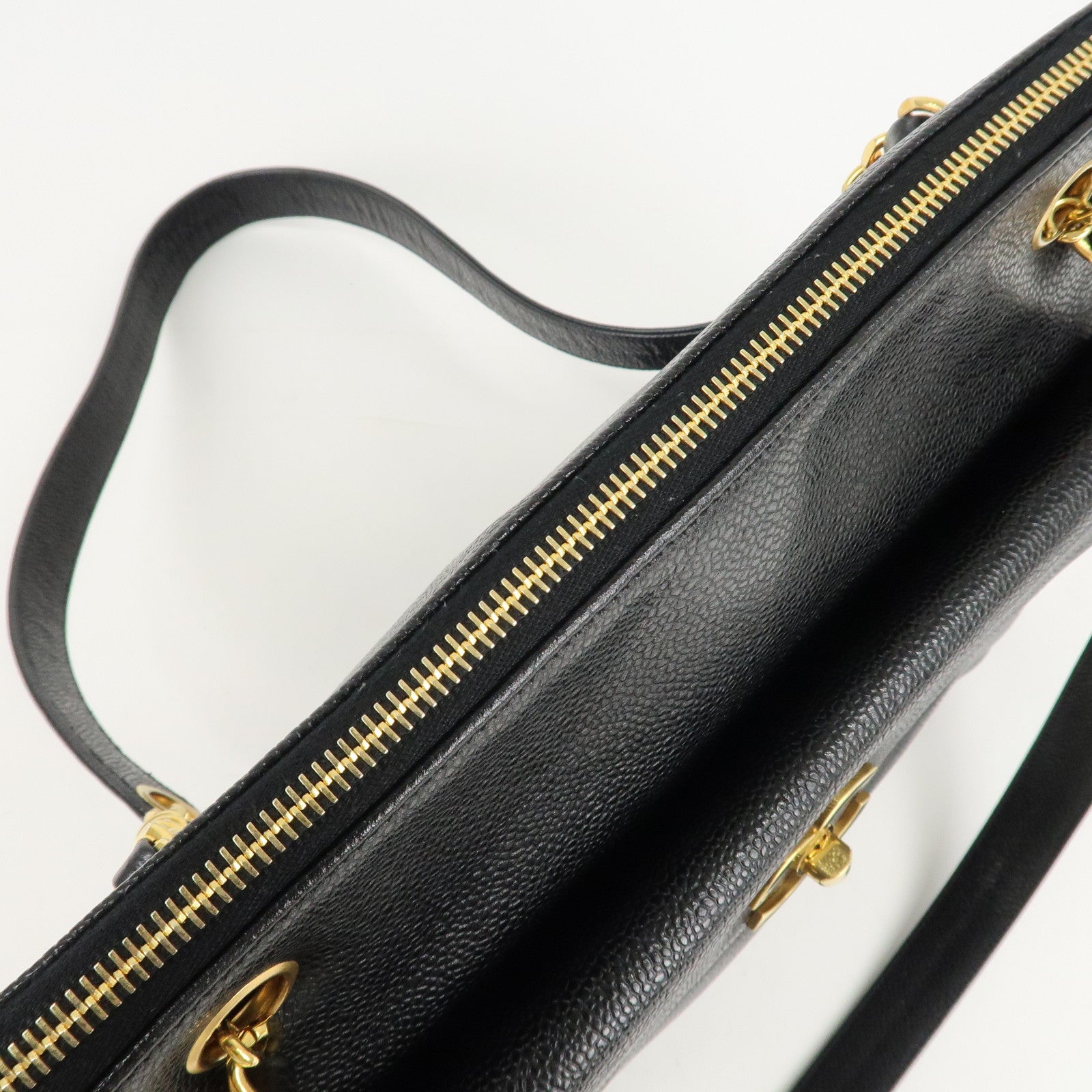 CHANEL COCO Mark Caviar Skin Chain Tote Bag Black Gold Used