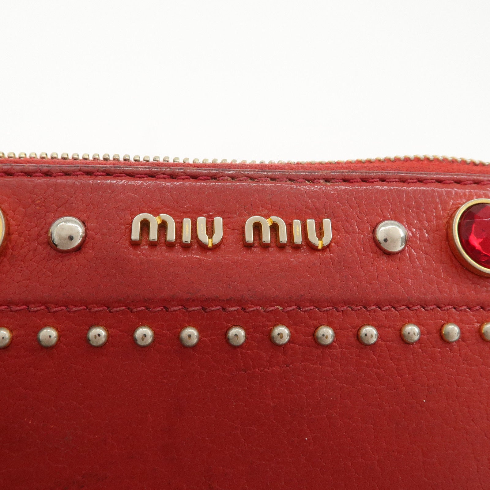 MIU MIU Leather Round Zipper Long Wallet Bijou Studs Red Used