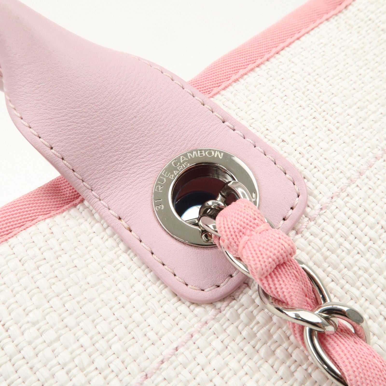 CHANEL Deauville Raffia Leather Chain Tote Bag GM Pink A66941 Used