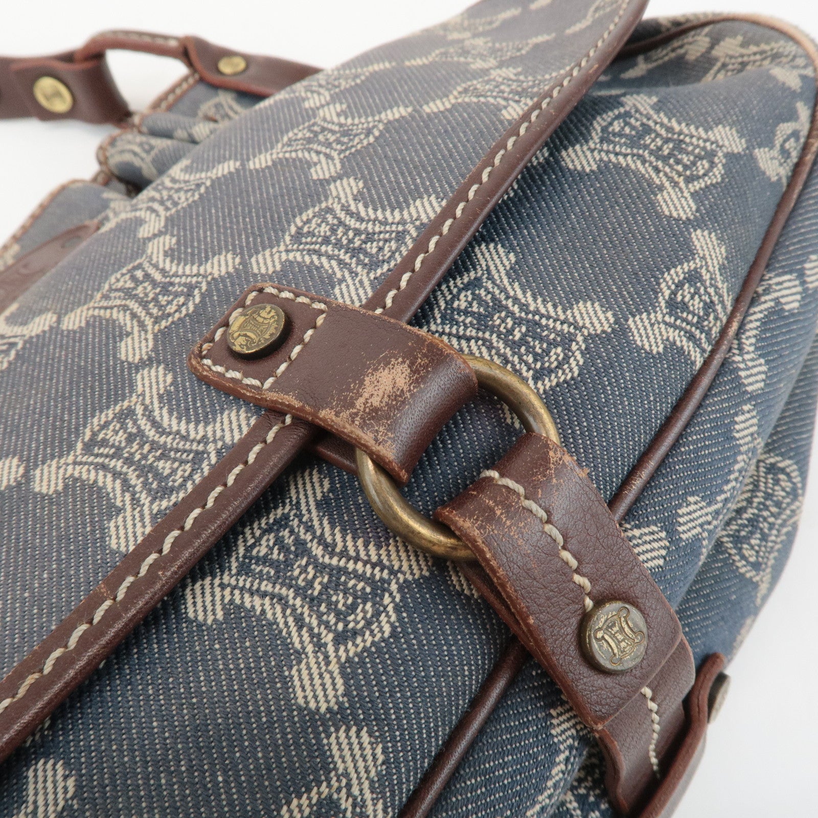 CELINE Macadam Denim Leather Shoulder Bag Blue Brown Used