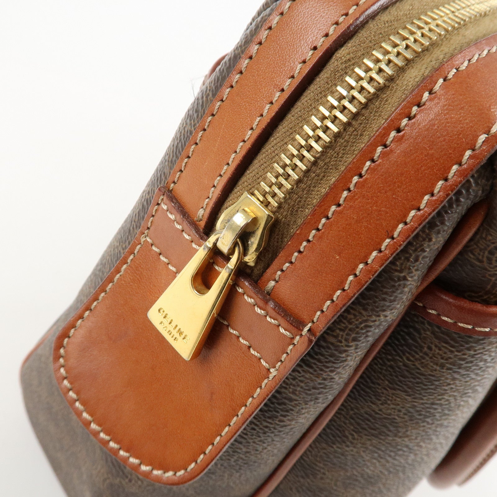 CELINE Macadam PVC Leather Boston Bag Hand Bag Brown Used