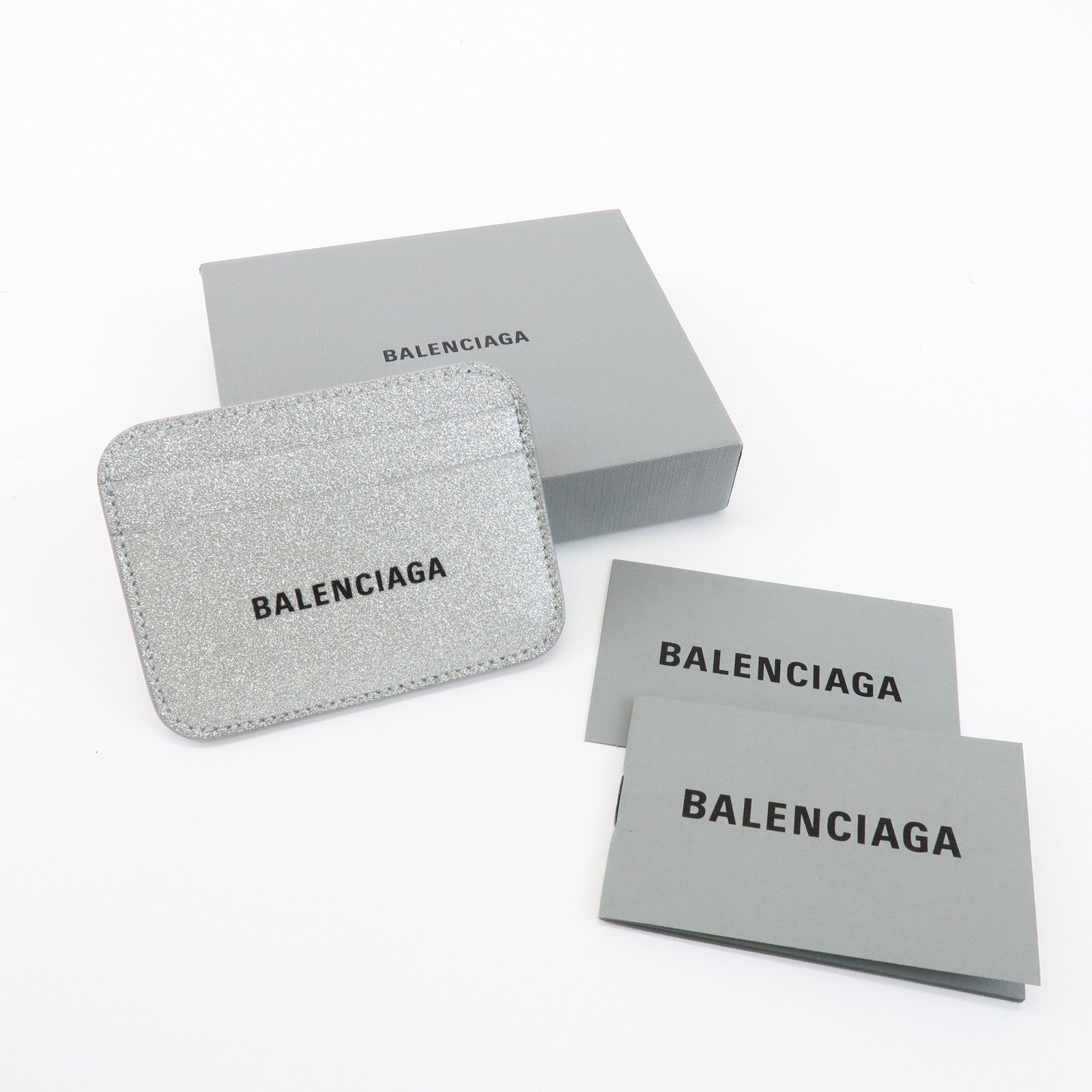 BALENCIAGA Logo Leather Card Case Card Holder Silver