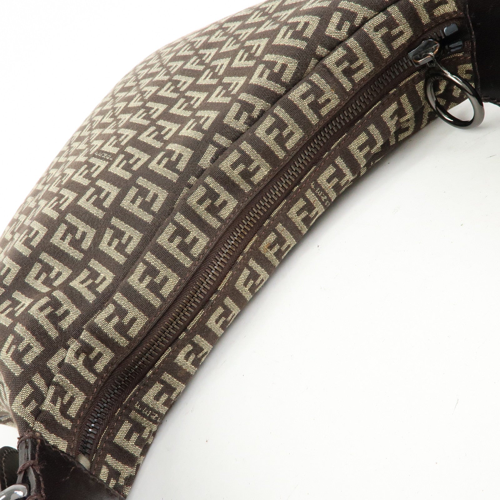 FENDI Zucchino Canvas Leather Shoulder Bag Dark Brown 8BR228