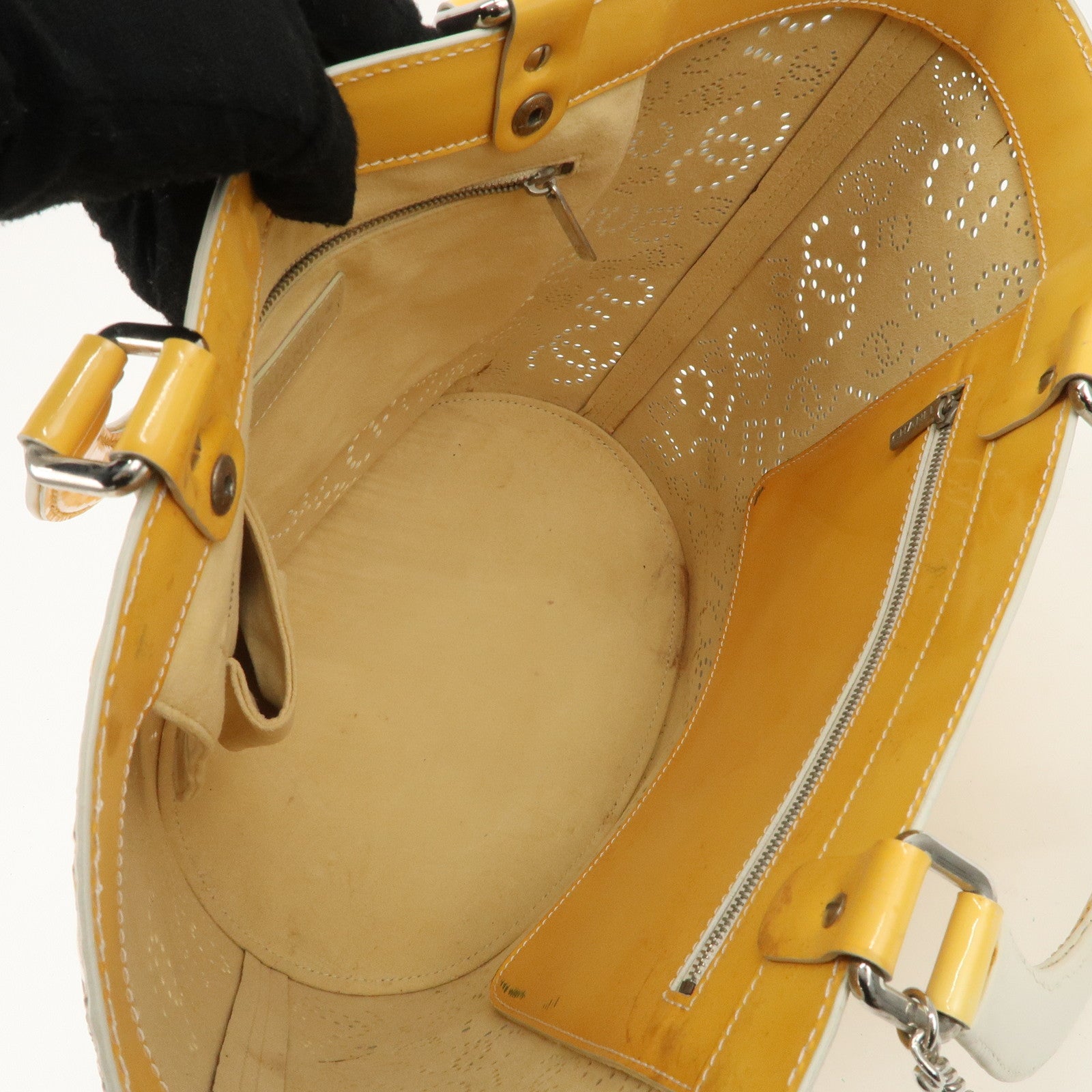CHANEL COCO Mark No.5 Patent Leather Punching Hand Bag Yellow Used