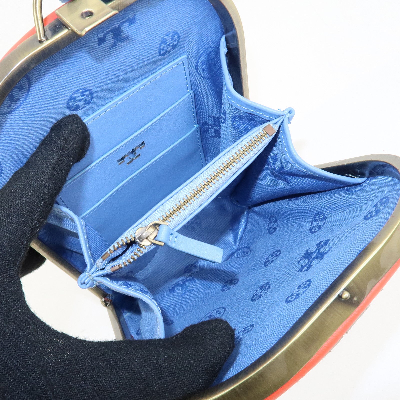 Tory Burch Leather Clutch Bag Hand Bag Gold Hardware Blue Red Used