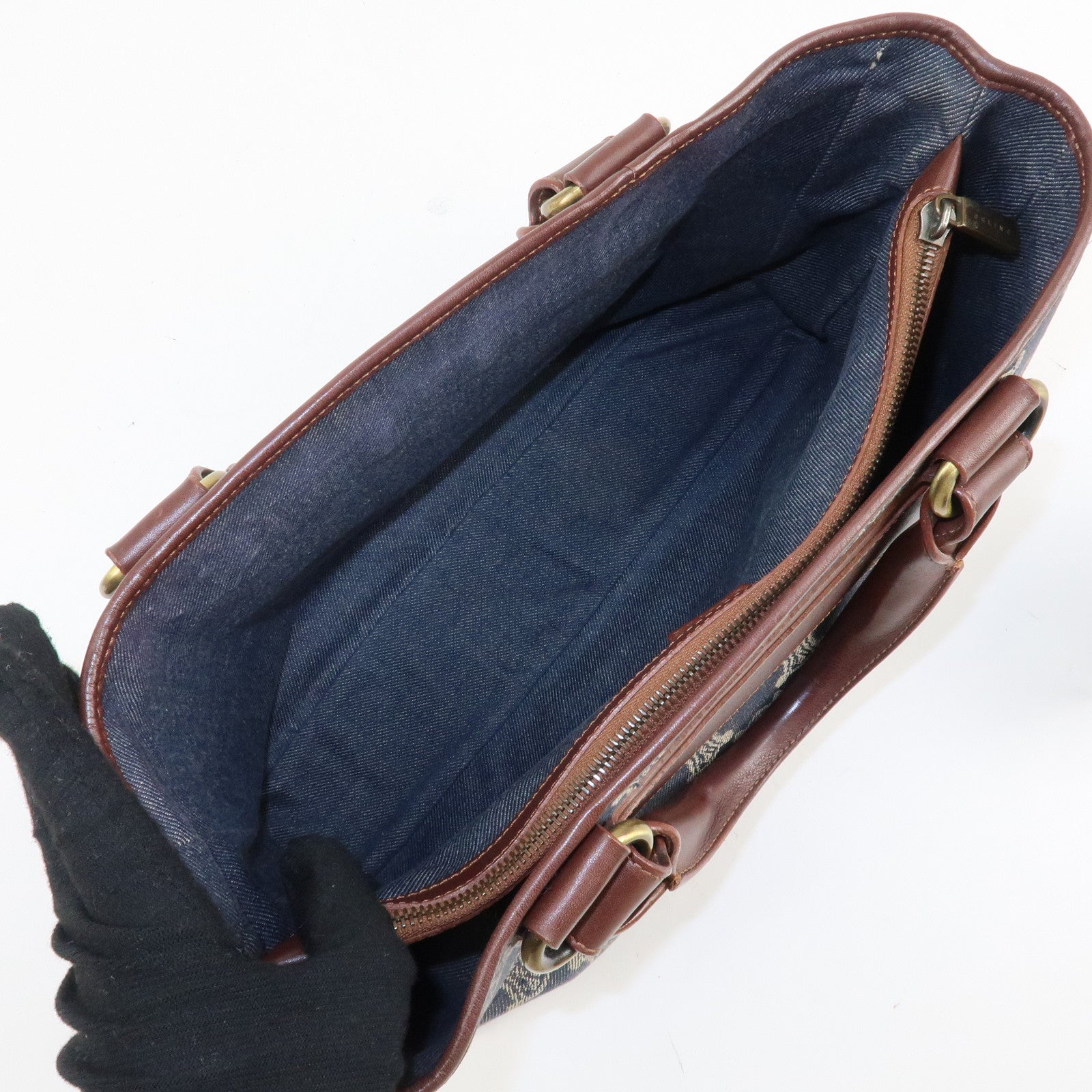 CELINE Macadam Denim Leather Boogie Bag Tote Bag Blue Brown Used