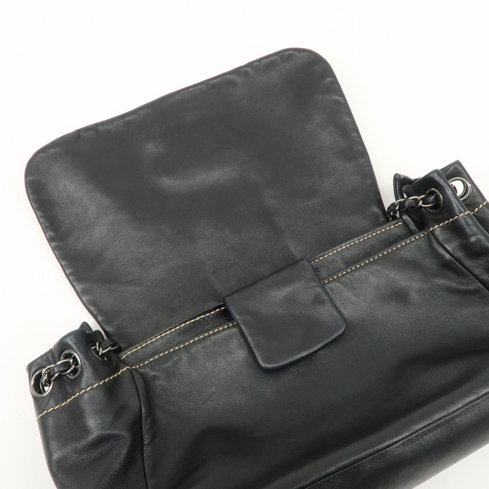 CHANEL COCO Mark Wild Stitch Lamb Skin Chain Shoulder Bag Black Used