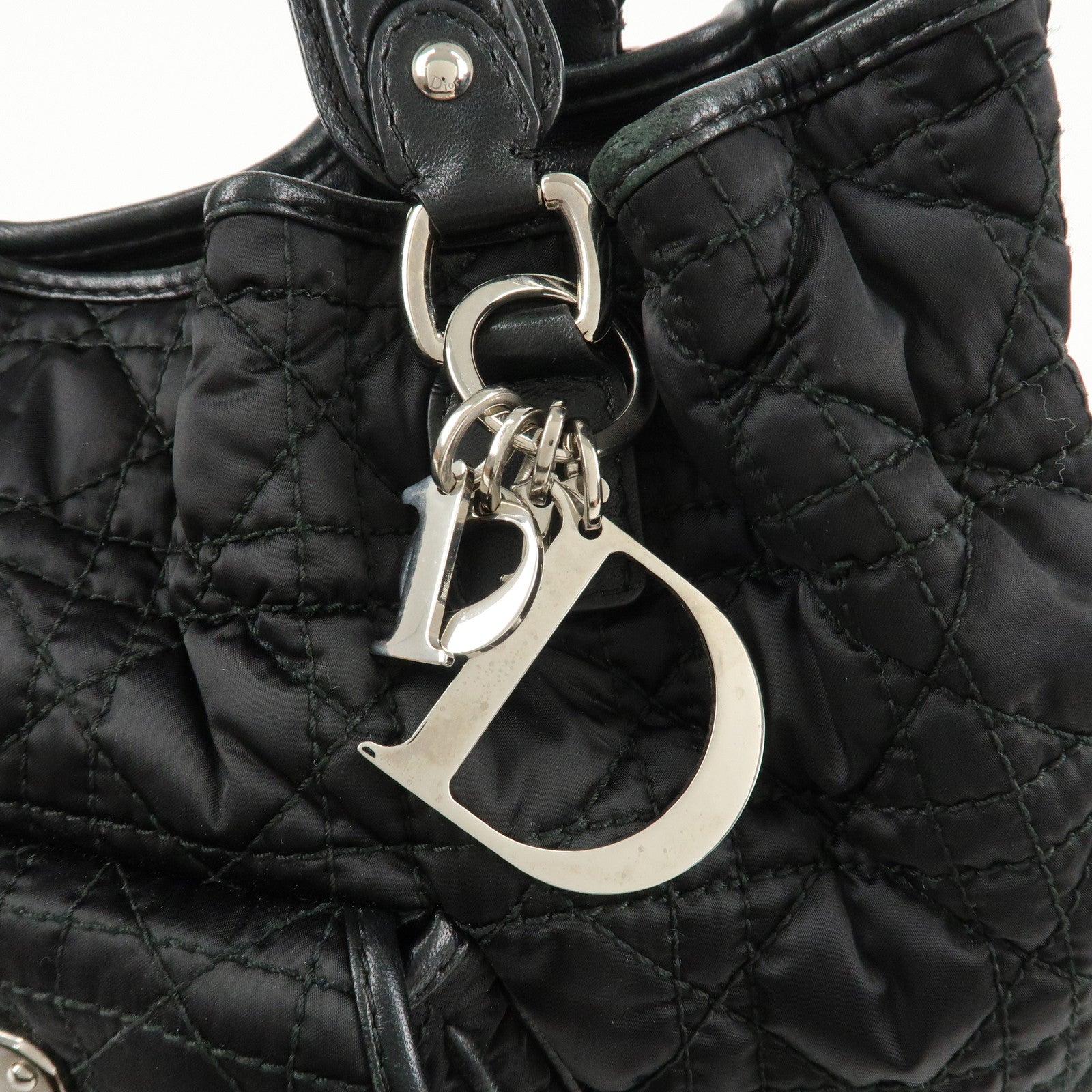 Christian Dior Cannage Nylon Leather Tote Bag Hand Bag Black Used