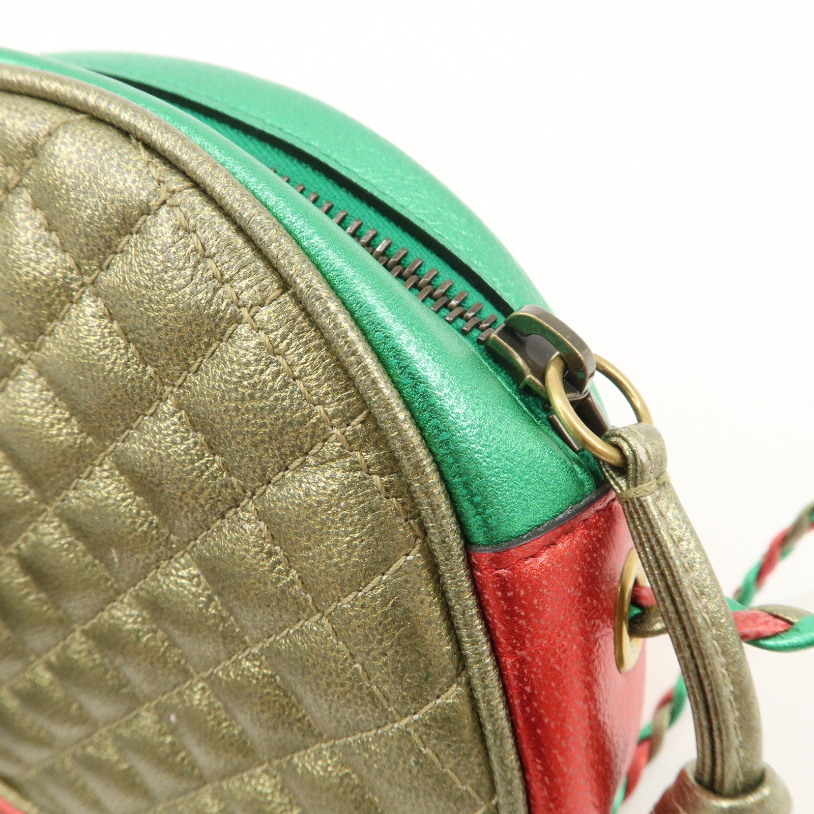 GUCCI Laminate Quilting Leather Shoulder Bag Green Red Gold 534951 Used